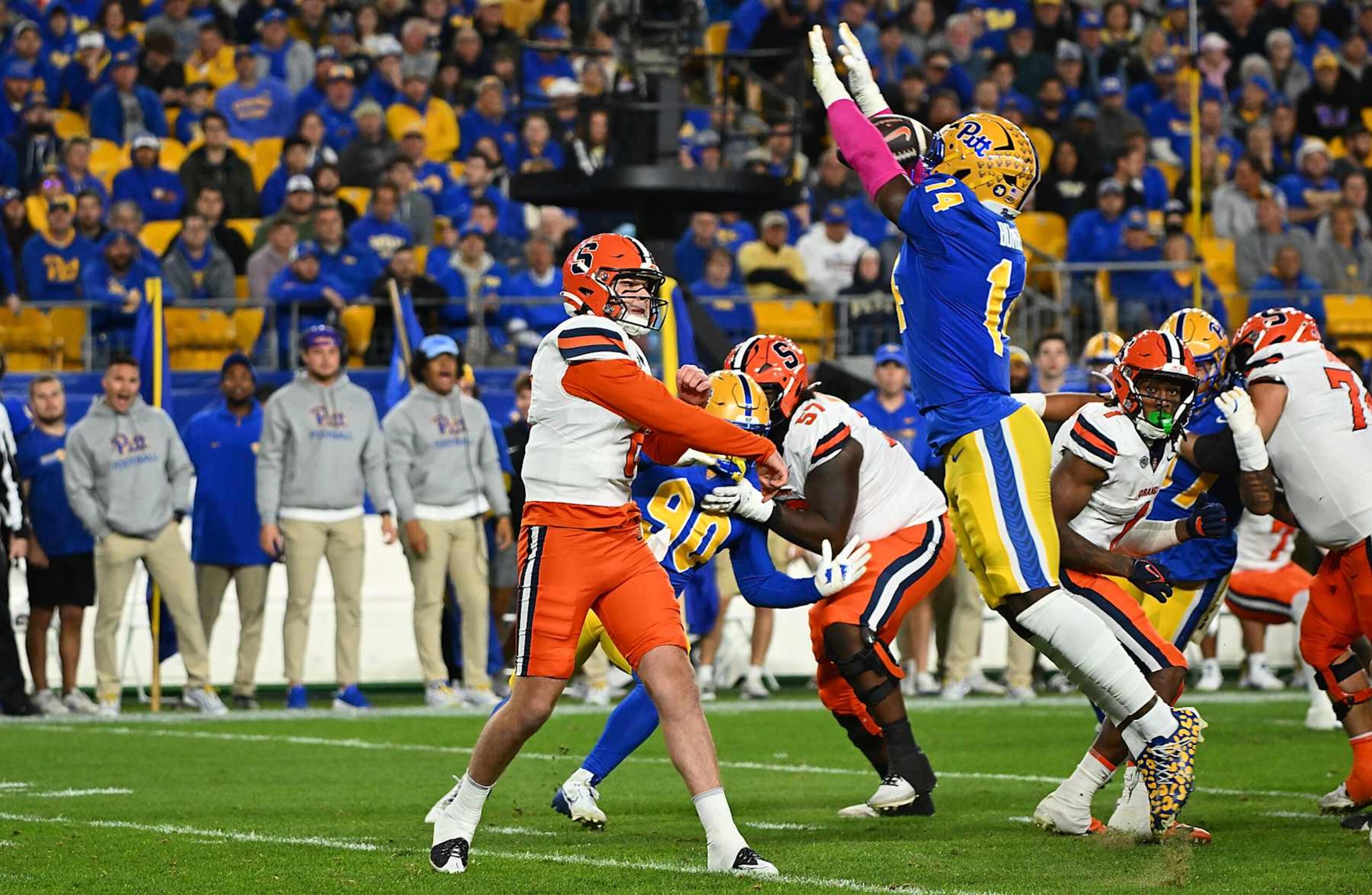 PITTSBURGH, PENNSYLVANIA - OCTOBER 24: Kyle McCord #6 of the Syracuse Orange has his pass attempt knocked down by Chief Borders #14 of the Pittsburgh Panthers in the first quarter during the game at Acrisure Stadium on October 24, 2024 in Pittsburgh, Pennsylvania. (Photo by Justin Berl/Getty Images)