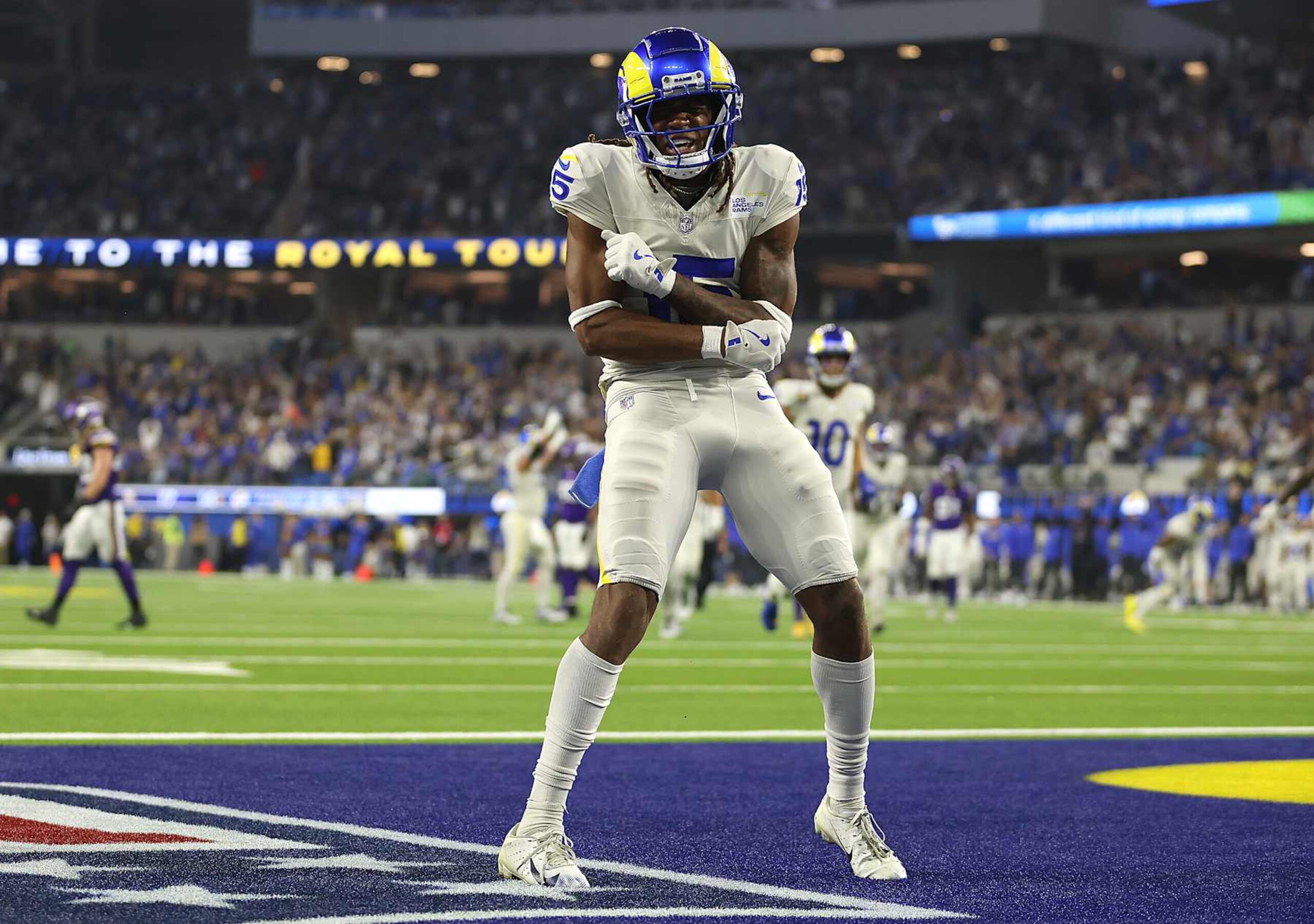 INGLEWOOD, CALIFORNIA - OCTOBER 24: Demarcus Robinson #15 of the Los Angeles Rams celebrates a touchdown pass reception against the Minnesota Vikings in the third quarter at SoFi Stadium on October 24, 2024 in Inglewood, California. (Photo by Katelyn Mulcahy/Getty Images)