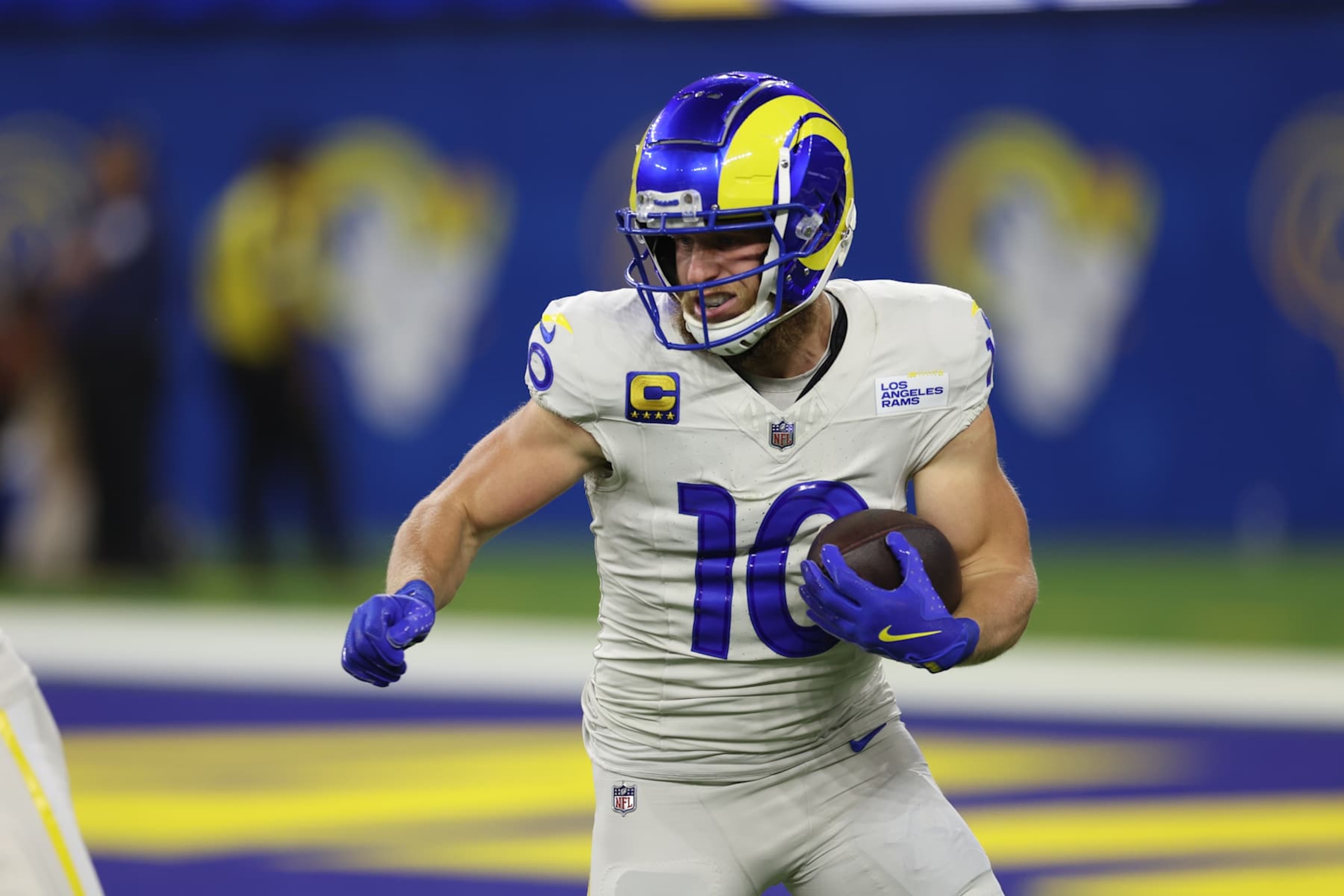 INGLEWOOD, CALIFORNIA - OCTOBER 24: Cooper Kupp #10 of the Los Angeles Rams runs the ball against the Minnesota Vikings in the second quarter at SoFi Stadium on October 24, 2024 in Inglewood, California. (Photo by Harry How/Getty Images)