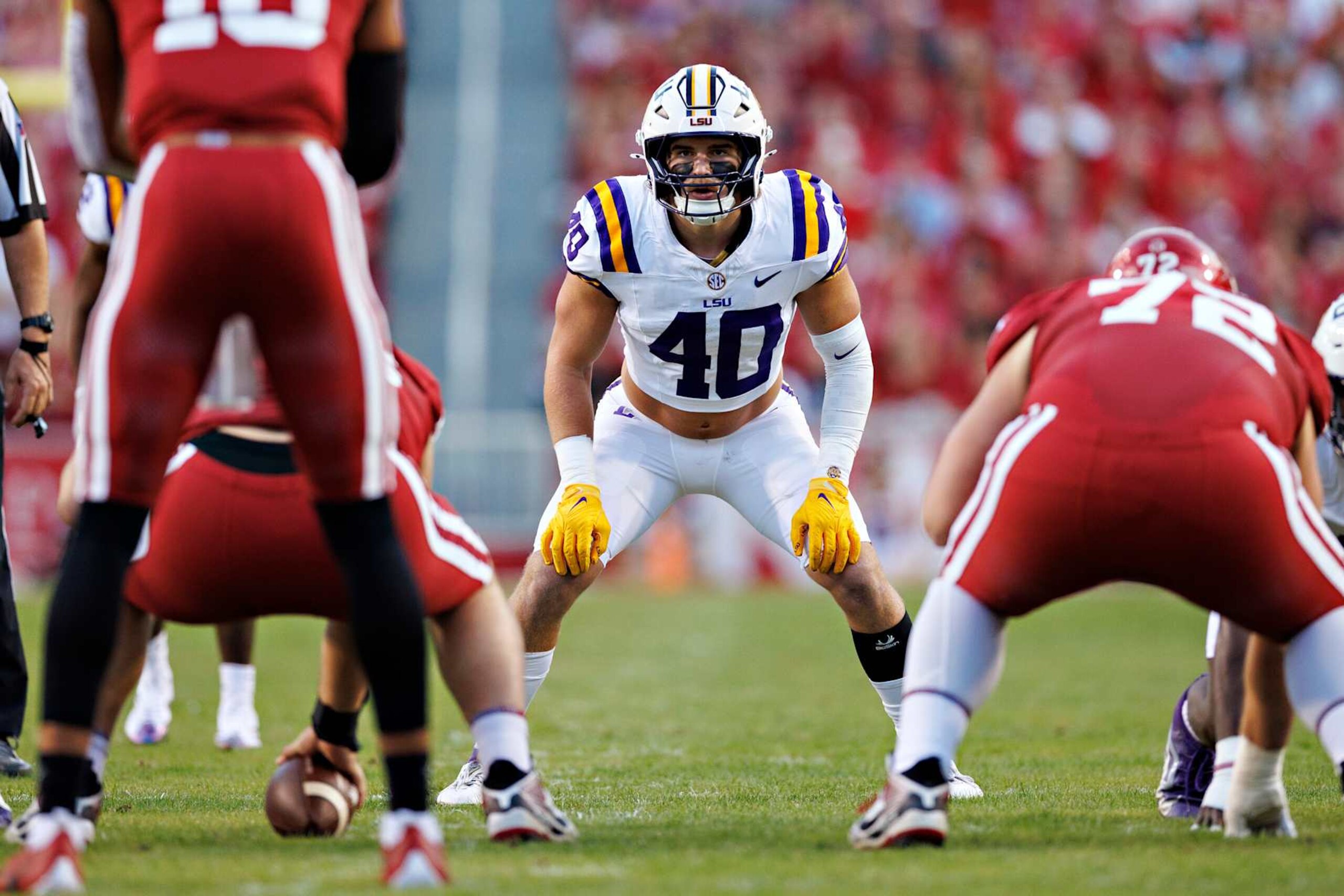 FAYETTEVILLE, ARKANSAS - OCTOBER 19: Whit Weeks #40 of the LSU Tigers looks over the offense during a game against the Arkansas Razorbacks at Donald W. Reynolds Razorback Stadium on October 19, 2024 in Fayetteville, Arkansas. The Tigers defeated the Razorbacks 34-10.  (Photo by Wesley Hitt/Getty Images)