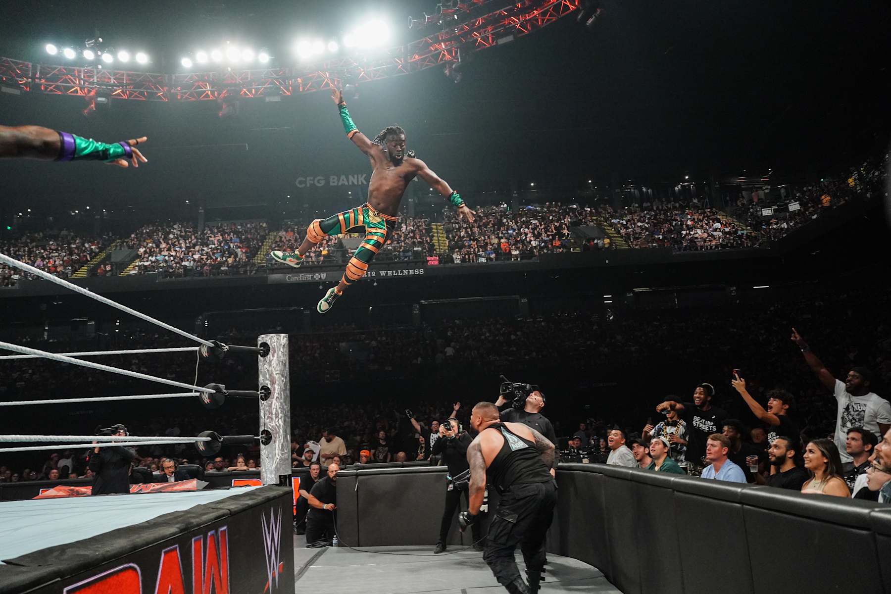 BALTIMORE, MARYLAND - AUGUST 5: Kofi Kingston in air against Akam during Monday Night RAW at CFG Bank Arena on August 5, 2024 in Baltimore, Maryland.  (Photo by WWE/Getty Images)