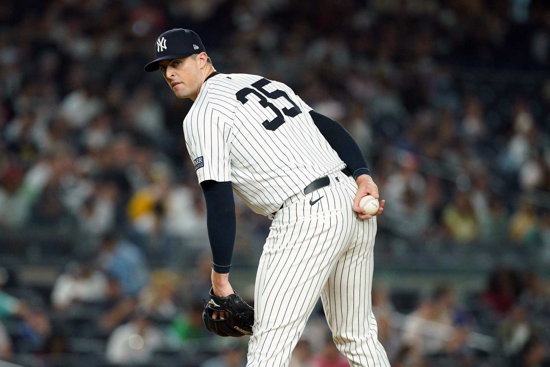 NEW YORK, NEW YORK - SEPTEMBER 26: Clay Holmes #35 of the New York Yankees looks on against the Baltimore Orioles \i8 at Yankee Stadium on September 26, 2024 in New York City. (Photo by Evan Bernstein/Getty Images)