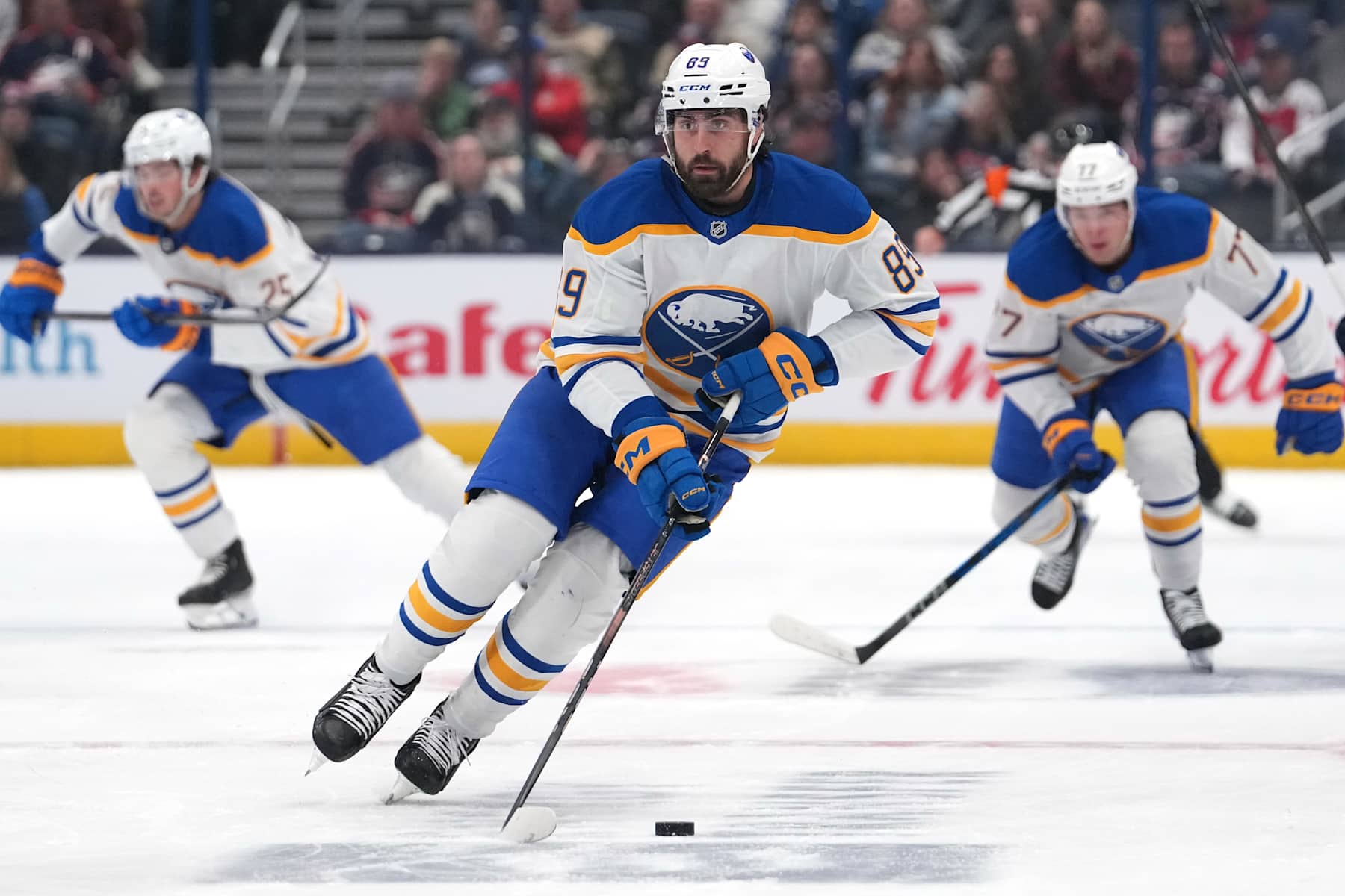 COLUMBUS, OHIO - OCTOBER 17: Alex Tuch #89 of the Buffalo Sabres seen in action during the game against the Columbus Blue Jackets at Nationwide Arena on October 17, 2024 in Columbus, Ohio. (Photo by Jason Mowry/Getty Images)