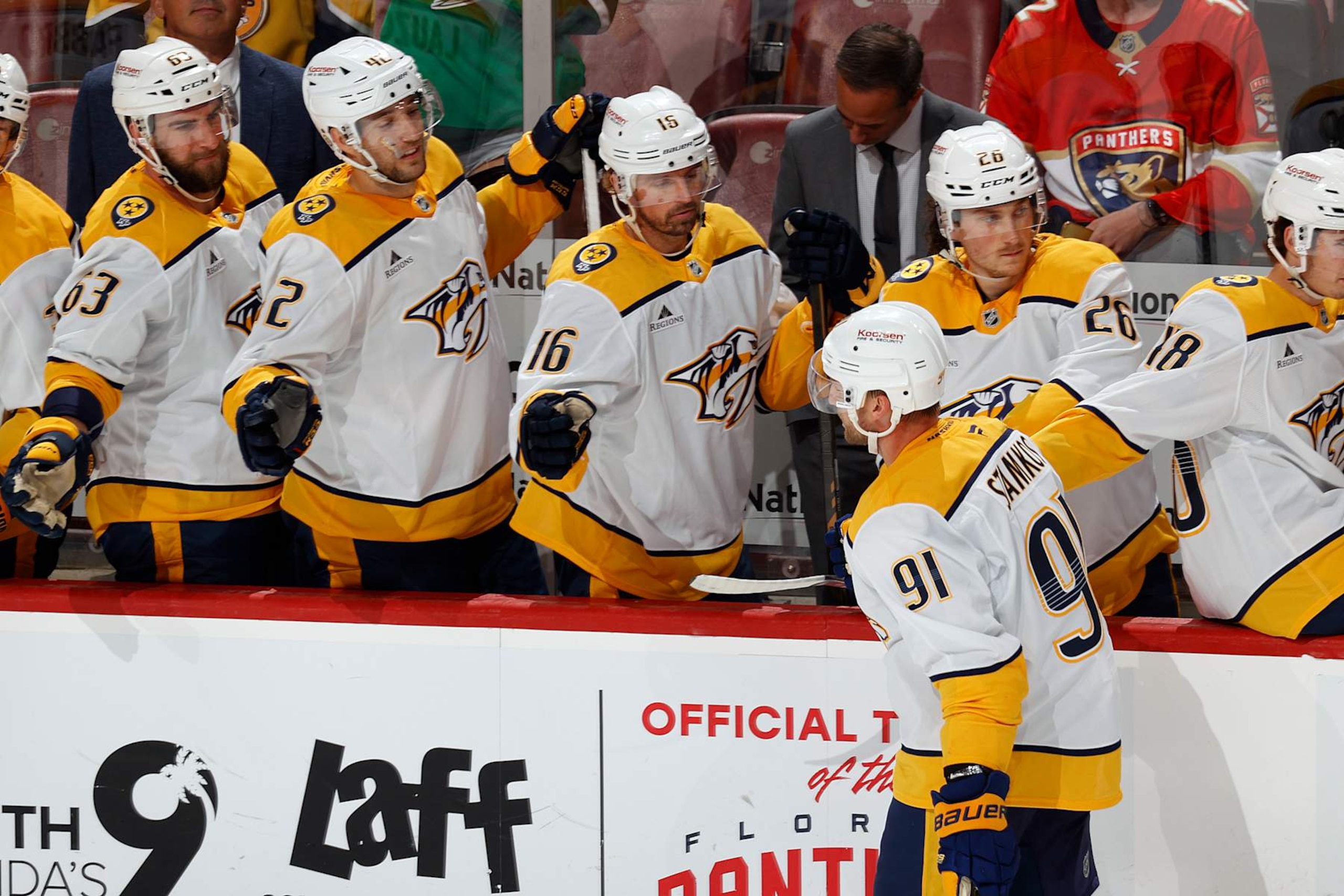 SUNRISE, FL - SEPTEMBER 22: Teammates congratulate Steven Stamkos #91 of the Nashville Predators after he scored a third period goal against the Florida Panthers during a preseason game at the Amerant Bank Arena on September 22, 2024 in Sunrise, Florida. (Photo by Joel Auerbach/Getty Images) SUNRISE, FL - SEPTEMBER 22: Teammates congratulate Steven Stamkos #91 of the Nashville Predators after he scored a third period goal against the Florida Panthers during a preseason game at the Amerant Bank Arena on September 22, 2024 in Sunrise, Florida. (Photo by Joel Auerbach/Getty Images)