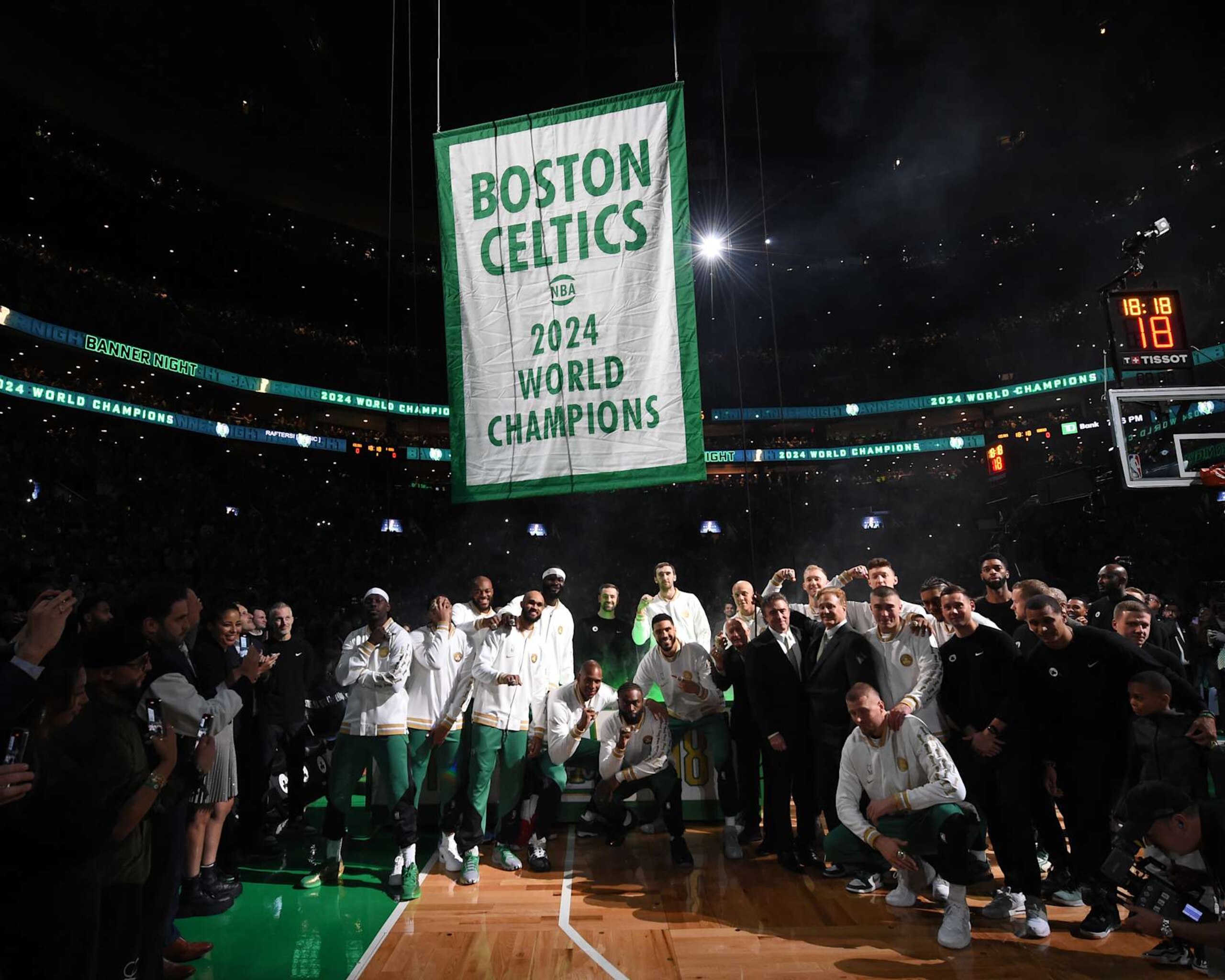 BOSTON, MA - OCTOBER 22: The Boston Celtics pose for a photo during the 2024 Championship Banner raising ceremony before the game against the New York Knicks on October 22, 2024 at TD Garden in Boston, Massachusetts. NOTE TO USER: User expressly acknowledges and agrees that, by downloading and/or using this Photograph, user is consenting to the terms and conditions of the Getty Images License Agreement. Mandatory Copyright Notice: Copyright 2024 NBAE (Photo by Brian Babineau/NBAE via Getty Images)