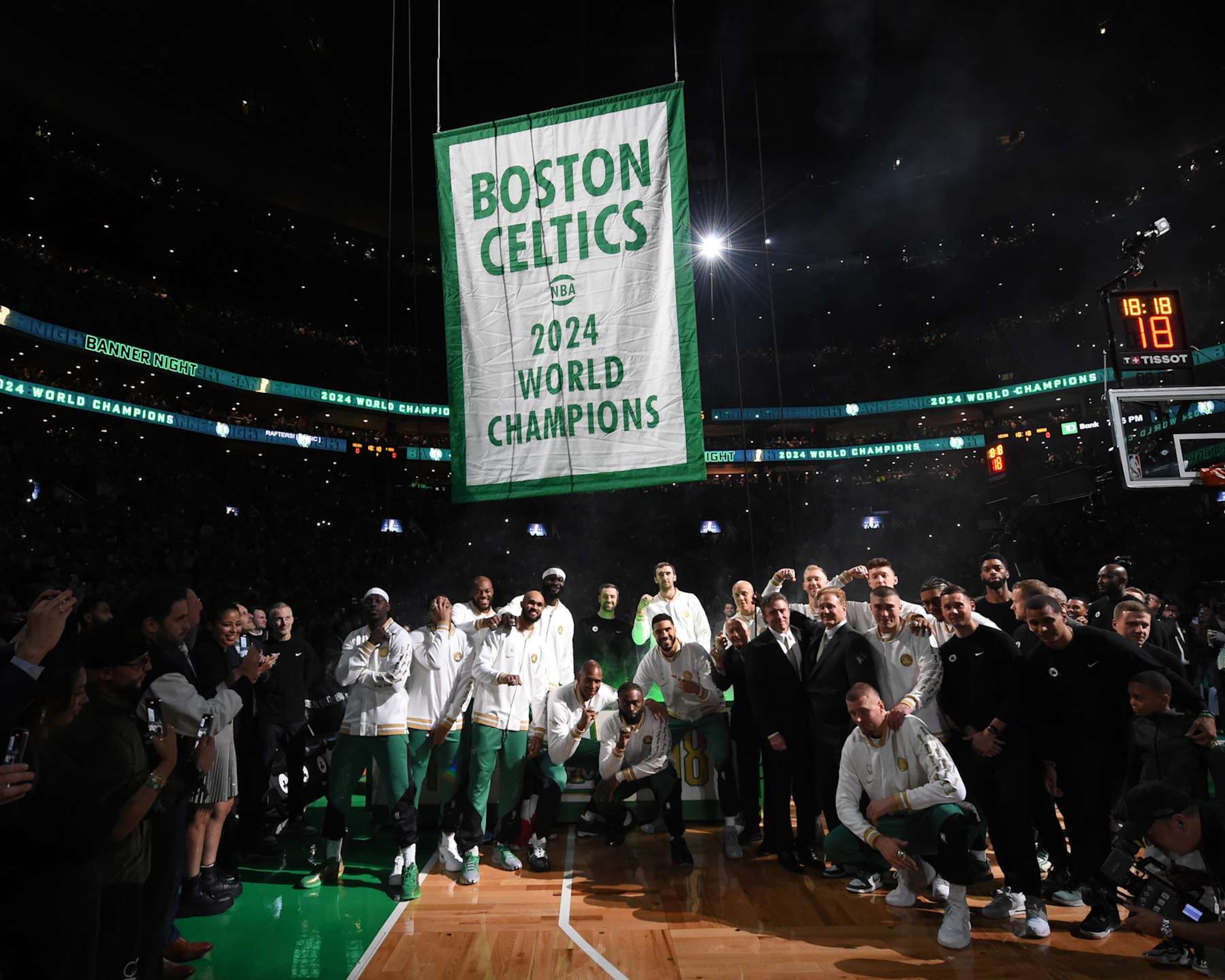 BOSTON, MA - OCTOBER 22: The Boston Celtics pose for a photo during the 2024 Championship Banner raising ceremony before the game against the New York Knicks on October 22, 2024 at TD Garden in Boston, Massachusetts. NOTE TO USER: User expressly acknowledges and agrees that, by downloading and/or using this Photograph, user is consenting to the terms and conditions of the Getty Images License Agreement. Mandatory Copyright Notice: Copyright 2024 NBAE (Photo by Brian Babineau/NBAE via Getty Images)
