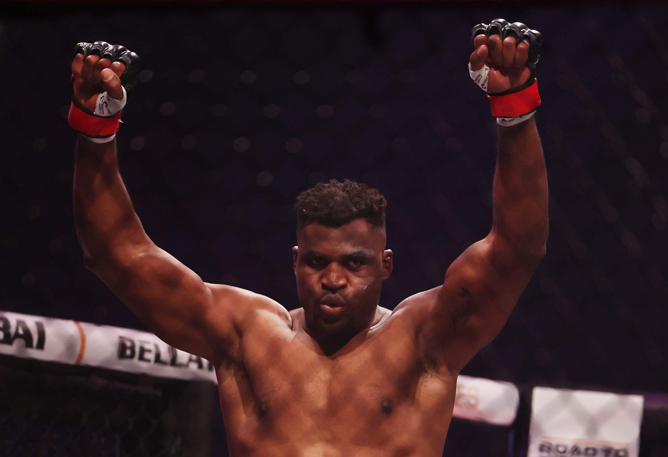 RIYADH, SAUDI ARABIA - OCTOBER 19: Francis Ngannou reacts as he enters the arena ahead of the Heavyweight World Title fight between Francis Ngannou and Renan Ferreira as part of the PFL Super Fights: Battle of the Giants card at Kingdom Arena on October 19, 2024 in Riyadh, Saudi Arabia. (Photo by Abdullah Ahmed/Getty Images)
