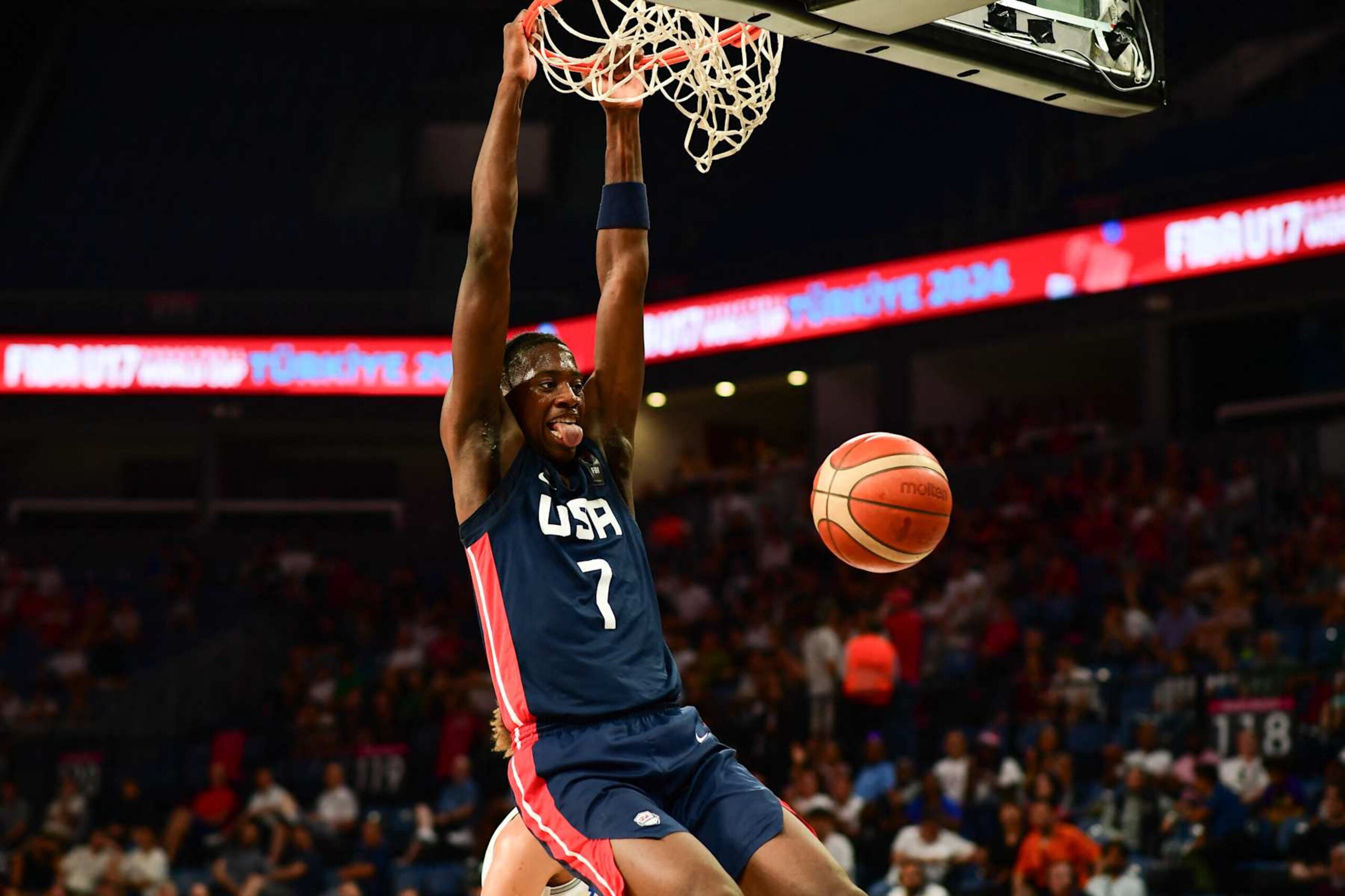 AJ Dybantsa, #7 of the United States of America (USA) in action during the FIBA U17 Basketball World Cup - Turkiye 2024 Final match between Italy and the United States of America (USA) at Sinan Erdem Dome in Istanbul, Turkey on July 7, 2024. (Photo by Altan Gocher / Hans Lucas / Hans Lucas via AFP) (Photo by ALTAN GOCHER/Hans Lucas/AFP via Getty Images) AJ Dybantsa, #7 of the United States of America (USA) in action during the FIBA U17 Basketball World Cup - Turkiye 2024 Final match between Italy and the United States of America (USA) at Sinan Erdem Dome in Istanbul, Turkey on July 7, 2024. (Photo by Altan Gocher / Hans Lucas / Hans Lucas via AFP) (Photo by ALTAN GOCHER/Hans Lucas/AFP via Getty Images)