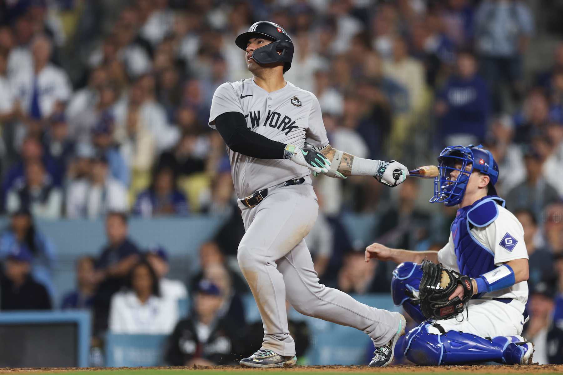 LOS ANGELES, CALIFORNIA - OCTOBER 25: Gleyber Torres #25 of the New York Yankees hits a double in the ninth inning against the Los Angeles Dodgers during Game One of the 2024 World Series at Dodger Stadium on October 25, 2024 in Los Angeles, California. (Photo by Harry How/Getty Images)