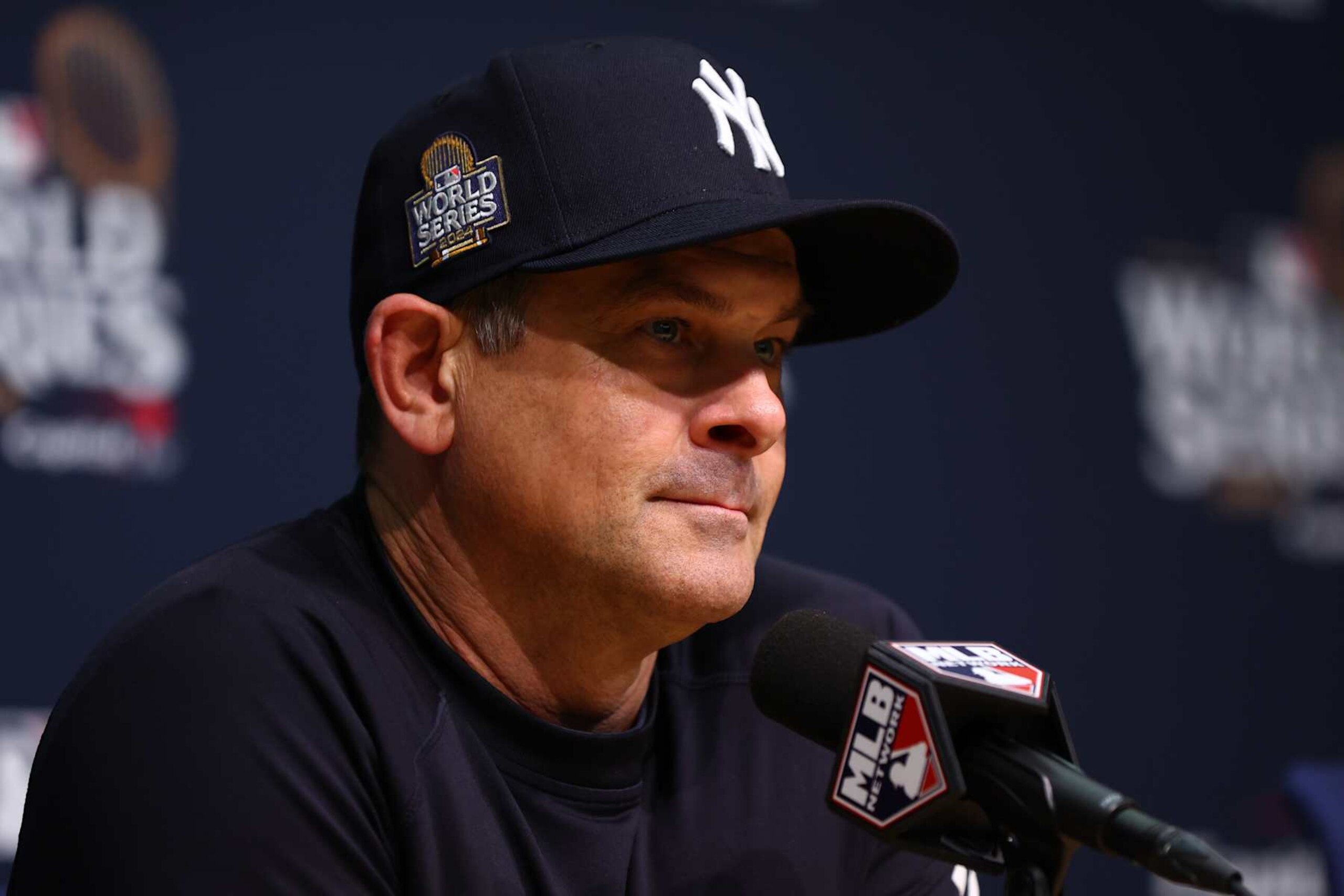 LOS ANGELES, CALIFORNIA - OCTOBER 25: Aaron Boone #17 of the New York Yankees speaks to media during a press conference ahead of Game One of the 2024 World Series at Dodger Stadium on October 25, 2024 in Los Angeles, California. (Photo by Maddie Meyer/Getty Images)