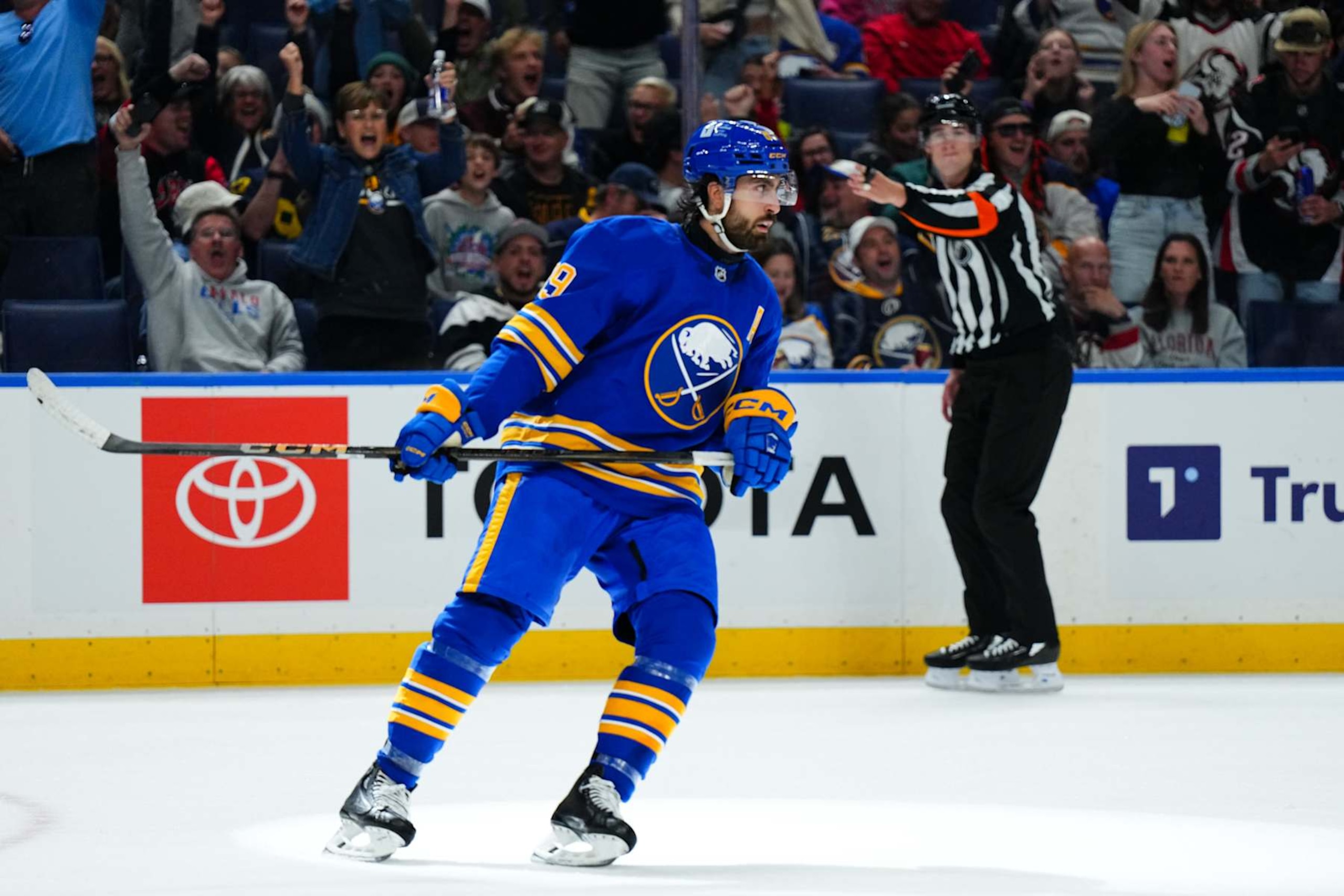 BUFFALO, NEW YORK - OCTOBER 12: Alex Tuch #89 of the Buffalo Sabres celebrates his goal during the third period of an NHL game against the Florida Panthers on October 12, 2024 at KeyBank Center in Buffalo, New York. (Photo by Chris Conaway/NHLI via Getty Images) BUFFALO, NEW YORK - OCTOBER 12: Alex Tuch #89 of the Buffalo Sabres celebrates his goal during the third period of an NHL game against the Florida Panthers on October 12, 2024 at KeyBank Center in Buffalo, New York. (Photo by Chris Conaway/NHLI via Getty Images)