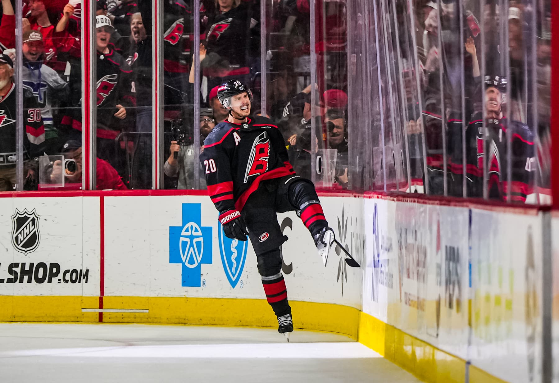 RALEIGH, NORTH CAROLINA - MAY 16: Sebastian Aho #20 of the Carolina Hurricanes celebrates after a goal during the second period against the New York Rangers in Game Six of the Second Round of the 2024 Stanley Cup Playoffs at PNC Arena on May 16, 2024 in Raleigh, North Carolina.  (Photo by Josh Lavallee/NHLI via Getty Images)