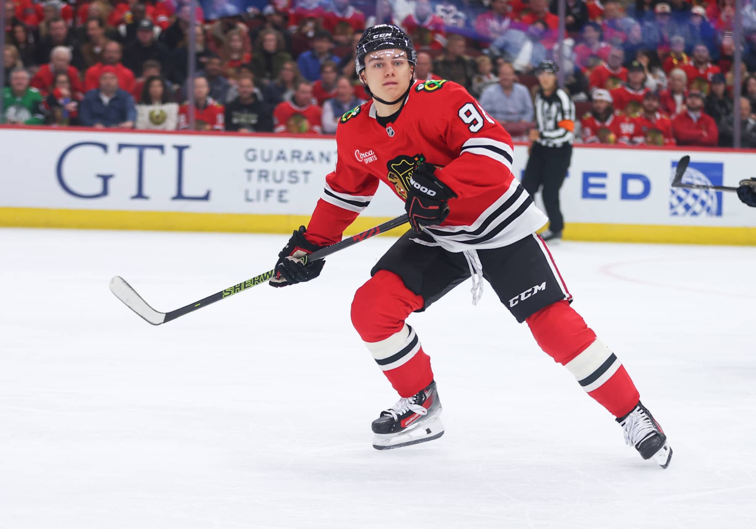 CHICAGO, IL - OCTOBER 25: Chicago Blackhawks center Connor Bedard (98) skates in action during the first period against the Nashville Predators on October 25, 2024 at the United Center in Chicago,Illinois. (Photo by Melissa Tamez/Icon Sportswire via Getty Images) CHICAGO, IL - OCTOBER 25: Chicago Blackhawks center Connor Bedard (98) skates in action during the first period against the Nashville Predators on October 25, 2024 at the United Center in Chicago,Illinois. (Photo by Melissa Tamez/Icon Sportswire via Getty Images)