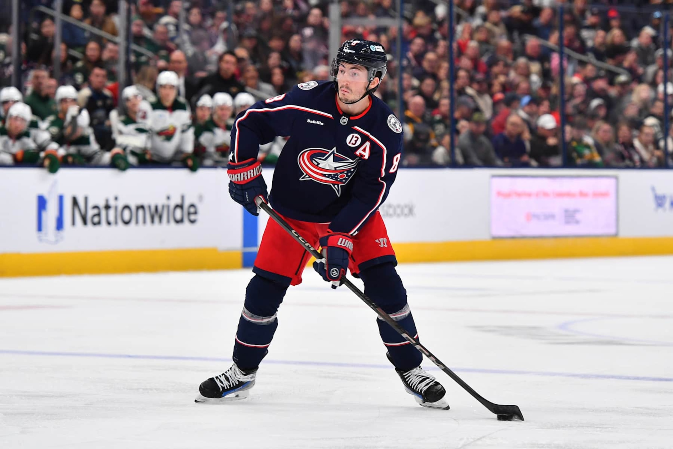 COLUMBUS, OHIO - OCTOBER 19: Zach Werenski #8 of the Columbus Blue Jackets skates with the puck during the second period of a game against the Minnesota Wild at Nationwide Arena on October 19, 2024 in Columbus, Ohio. (Photo by Ben Jackson/Getty Images) COLUMBUS, OHIO - OCTOBER 19: Zach Werenski #8 of the Columbus Blue Jackets skates with the puck during the second period of a game against the Minnesota Wild at Nationwide Arena on October 19, 2024 in Columbus, Ohio. (Photo by Ben Jackson/Getty Images)