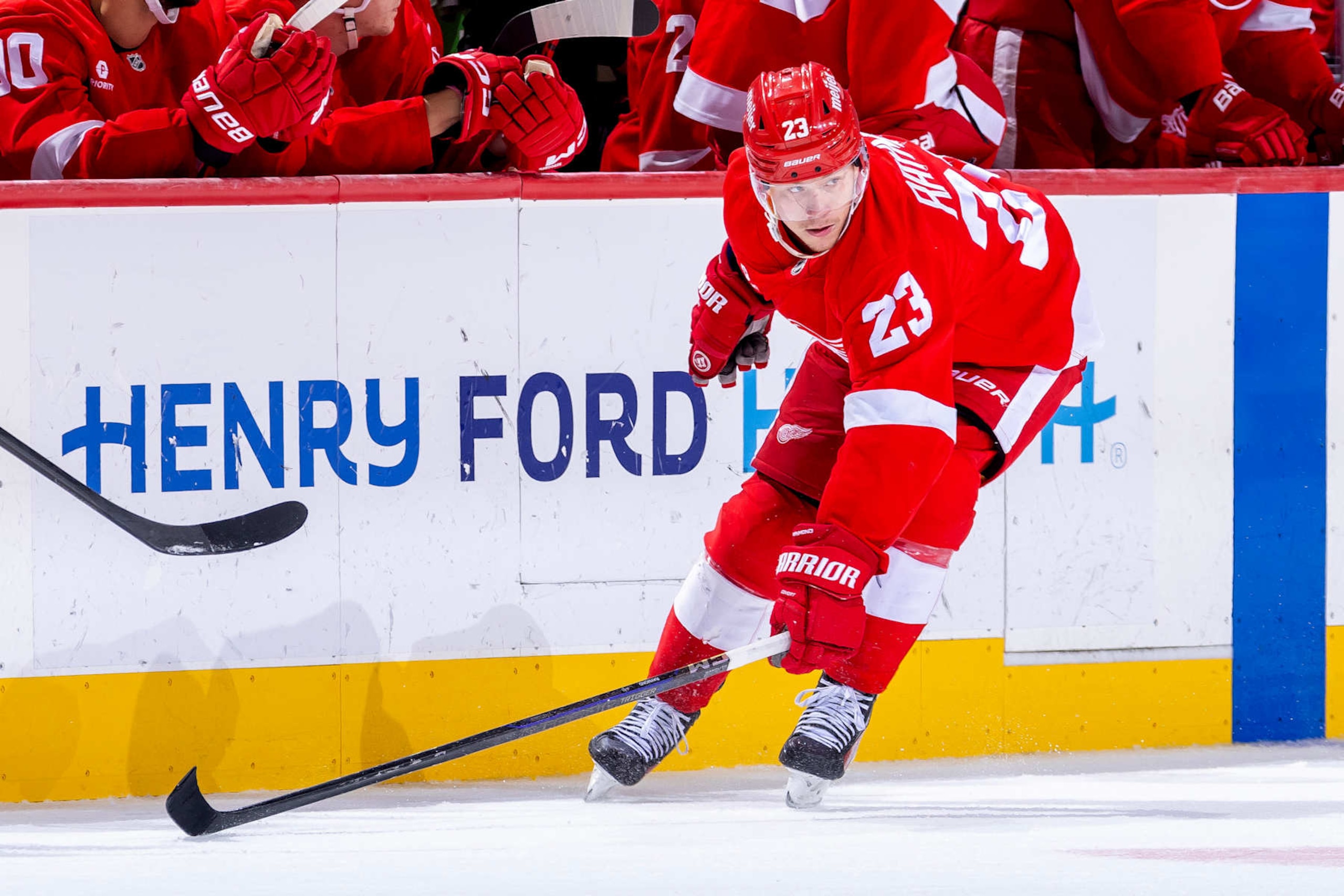 DETROIT, MICHIGAN - OCTOBER 24: Lucas Raymond #23 of the Detroit Red Wings follows the play against the New Jersey Devils during the third period at Little Caesars Arena on October 24, 2024 in Detroit, Michigan. Detroit defeated New Jersey 5-3. (Photo by Dave Reginek/NHLI via Getty Images) DETROIT, MICHIGAN - OCTOBER 24: Lucas Raymond #23 of the Detroit Red Wings follows the play against the New Jersey Devils during the third period at Little Caesars Arena on October 24, 2024 in Detroit, Michigan. Detroit defeated New Jersey 5-3. (Photo by Dave Reginek/NHLI via Getty Images)
