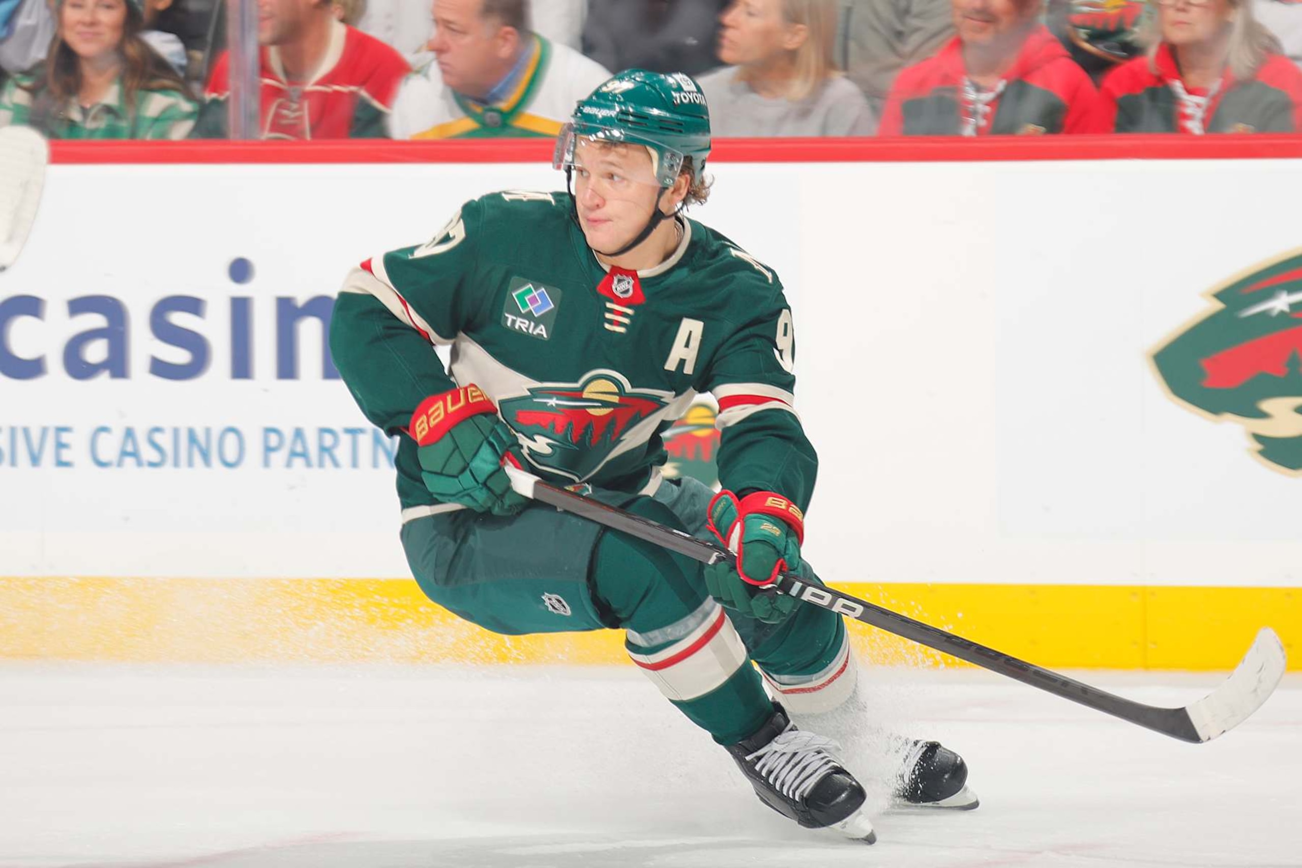 SAINT PAUL, MN - OCTOBER 12: Kirill Kaprizov #97 of the Minnesota Wild skates against the Seattle Kraken during the game at the Xcel Energy Center on October 12, 2024 in Saint Paul, Minnesota. (Photo by Bruce Kluckhohn/NHLI via Getty Images) SAINT PAUL, MN - OCTOBER 12: Kirill Kaprizov #97 of the Minnesota Wild skates against the Seattle Kraken during the game at the Xcel Energy Center on October 12, 2024 in Saint Paul, Minnesota. (Photo by Bruce Kluckhohn/NHLI via Getty Images)