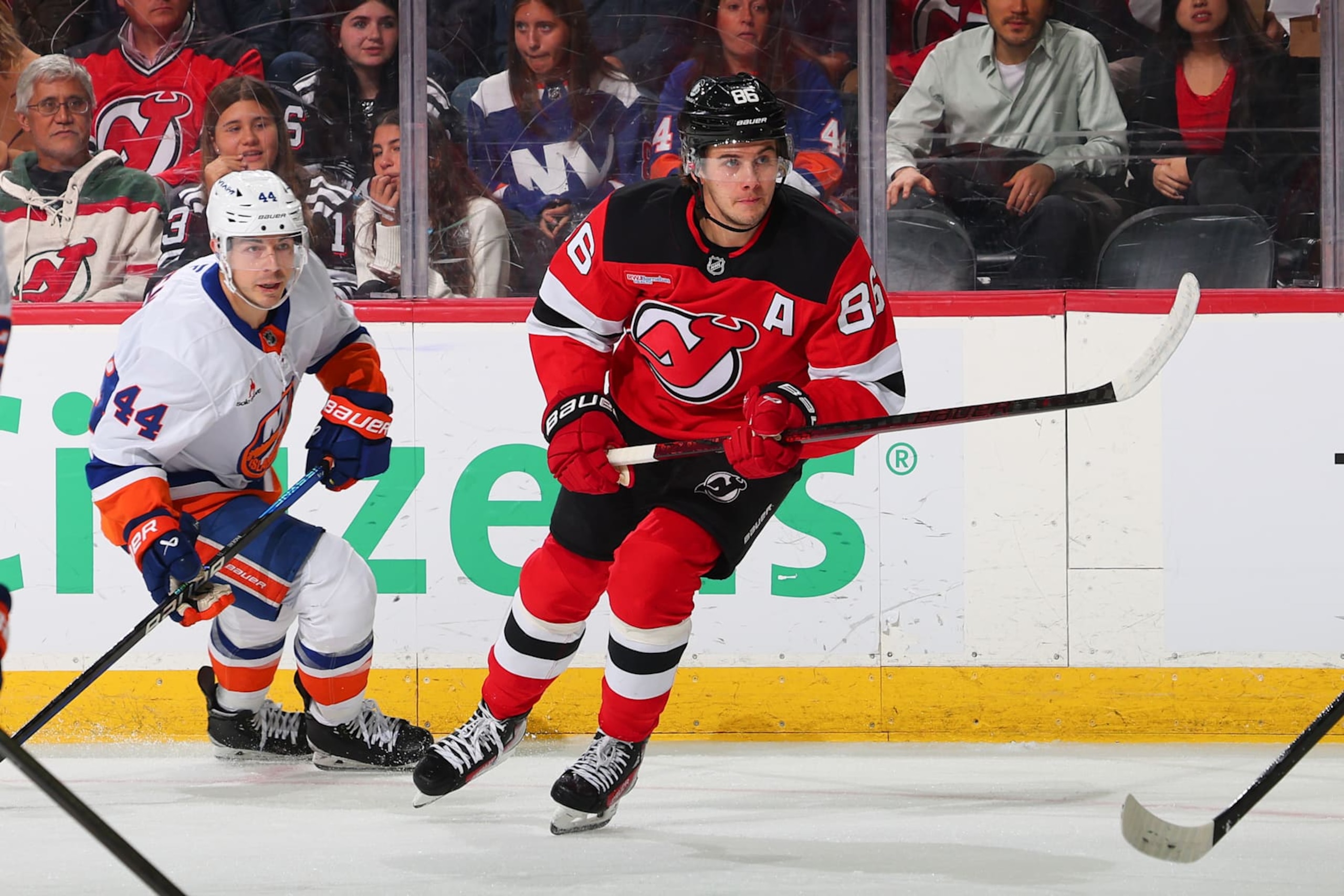 NEWARK, NJ - OCTOBER 25: Jack Hughes #86 of the New Jersey Devils skates in the first period of the game against the New York Islanders at the Prudential Center on October 25, 2024 in Newark, New Jersey. (Photo by Rich Graessle/NHLI via Getty Images) NEWARK, NJ - OCTOBER 25: Jack Hughes #86 of the New Jersey Devils skates in the first period of the game against the New York Islanders at the Prudential Center on October 25, 2024 in Newark, New Jersey. (Photo by Rich Graessle/NHLI via Getty Images)