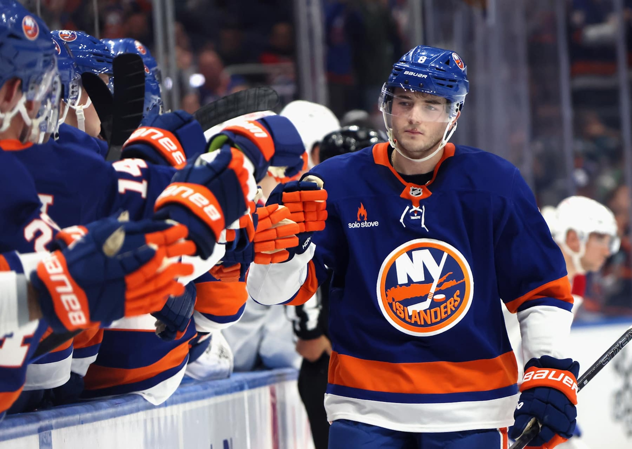 ELMONT, NEW YORK - OCTOBER 19: Noah Dobson #8 of the New York Islanders celebrates scoring the last goal of the shootout against the Montreal Canadiens at UBS Arena on October 19, 2024 in Elmont, New York. The Islanders defeated the Canadiens 4-3 in the shootout. (Photo by Bruce Bennett/Getty Images) ELMONT, NEW YORK - OCTOBER 19: Noah Dobson #8 of the New York Islanders celebrates scoring the last goal of the shootout against the Montreal Canadiens at UBS Arena on October 19, 2024 in Elmont, New York. The Islanders defeated the Canadiens 4-3 in the shootout. (Photo by Bruce Bennett/Getty Images)