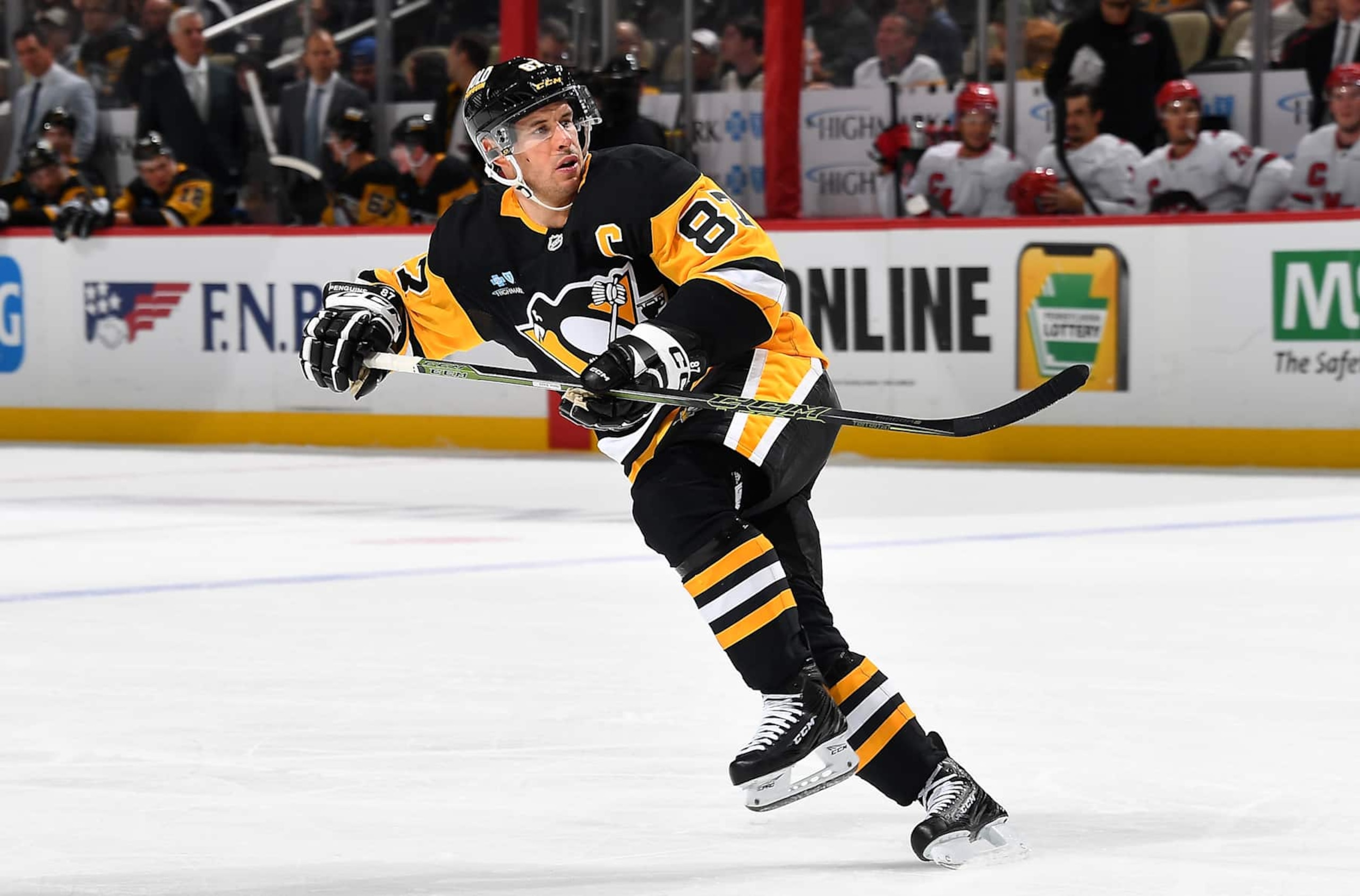 PITTSBURGH, PA - OCTOBER 18: Sidney Crosby #87 of the Pittsburgh Penguins skates against the Carolina Hurricanes at PPG PAINTS Arena on October 18, 2024 in Pittsburgh, Pennsylvania. (Photo by Joe Sargent/NHLI via Getty Images) PITTSBURGH, PA - OCTOBER 18: Sidney Crosby #87 of the Pittsburgh Penguins skates against the Carolina Hurricanes at PPG PAINTS Arena on October 18, 2024 in Pittsburgh, Pennsylvania. (Photo by Joe Sargent/NHLI via Getty Images)
