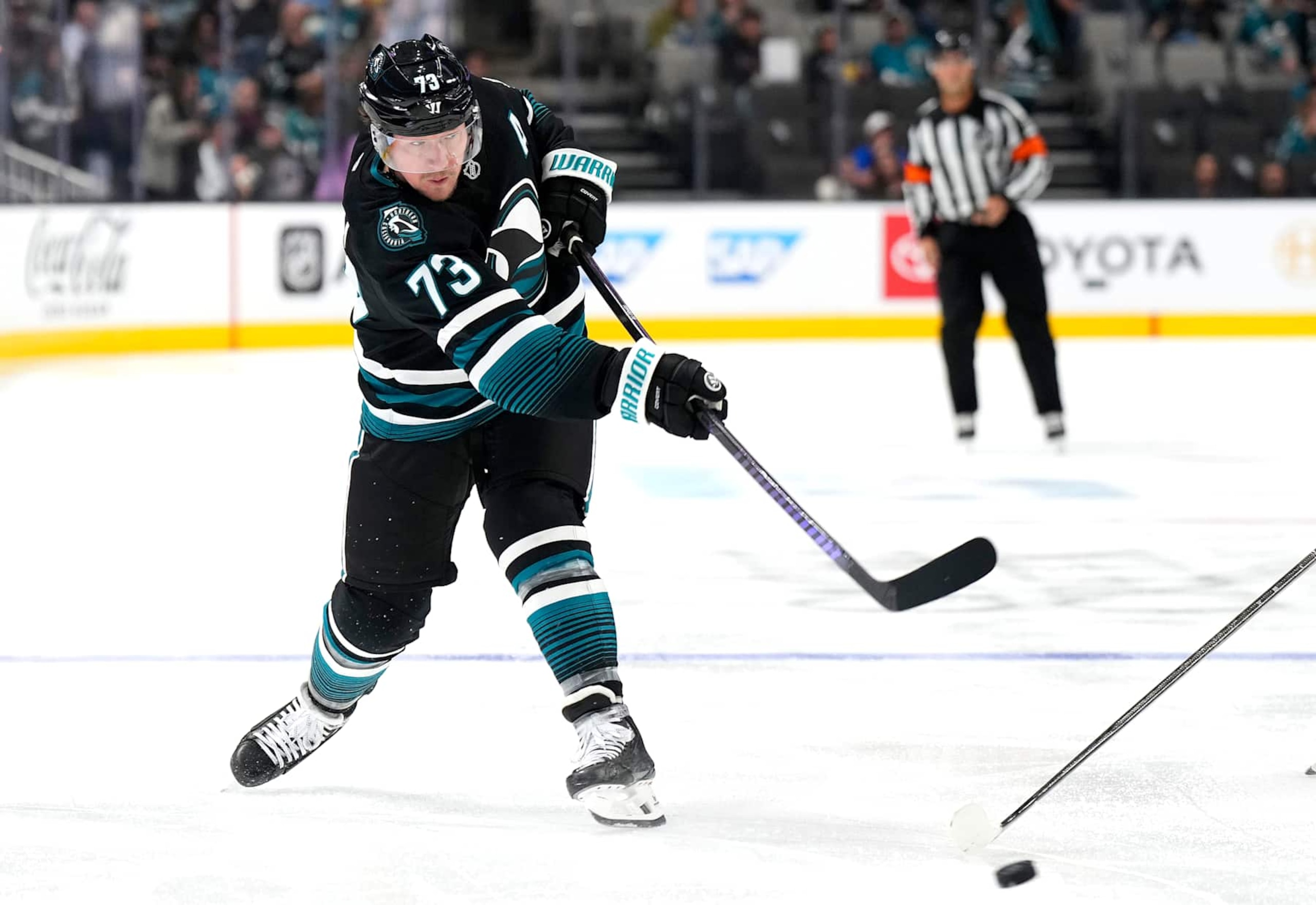 SAN JOSE, CALIFORNIA - OCTOBER 12: Tyler Toffoli #73 of the San Jose Sharks shoots on goal against the Anaheim Ducks during the second period at SAP Center on October 12, 2024 in San Jose, California. (Photo by Thearon W. Henderson/Getty Images) SAN JOSE, CALIFORNIA - OCTOBER 12: Tyler Toffoli #73 of the San Jose Sharks shoots on goal against the Anaheim Ducks during the second period at SAP Center on October 12, 2024 in San Jose, California. (Photo by Thearon W. Henderson/Getty Images)