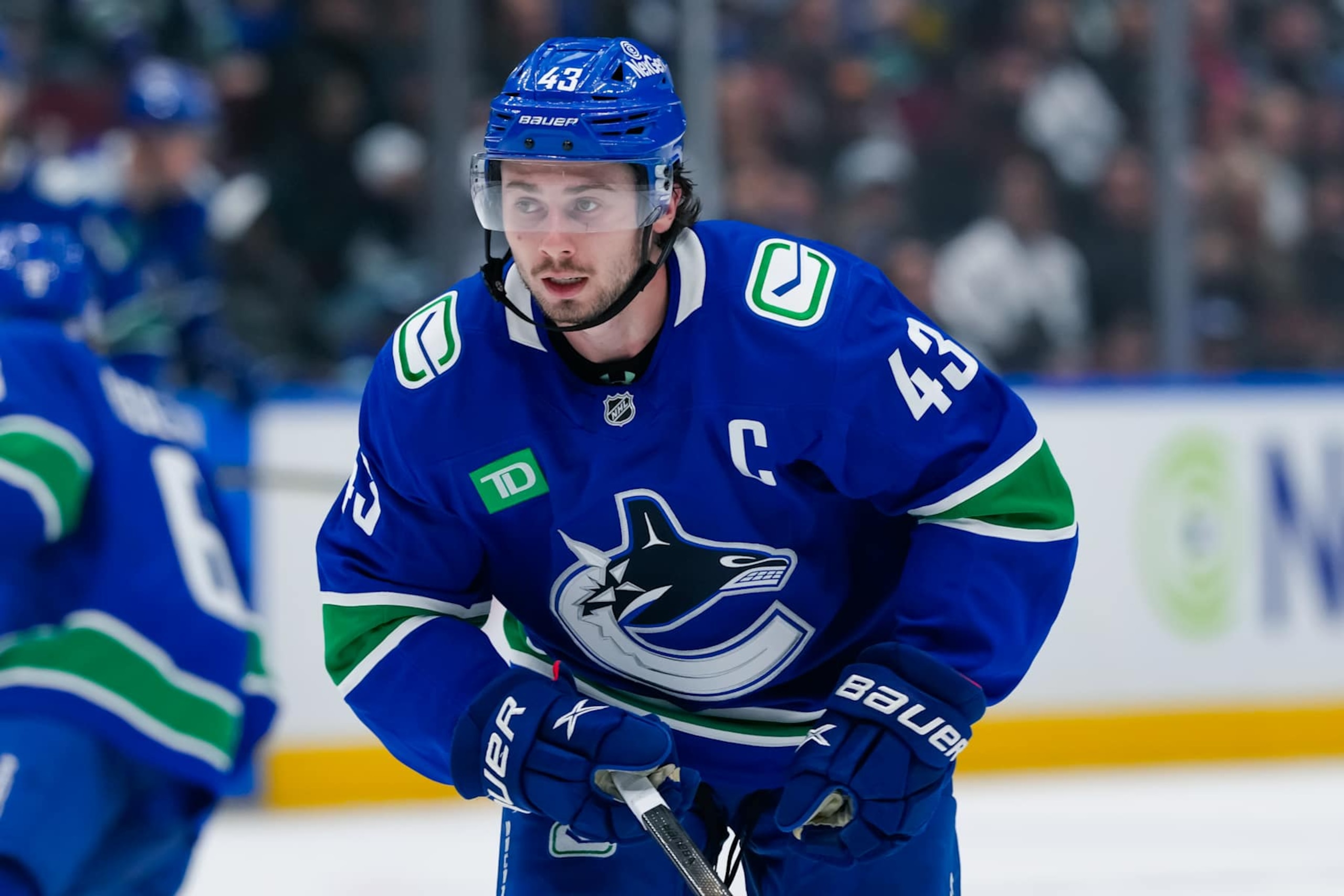VANCOUVER, CANADA - OCTOBER 11: Quinn Hughes #43 of the Vancouver Canucks skates during the third period of their NHL game against the Philadelphia Flyers at Rogers Arena on October 11, 2024 in Vancouver, British Columbia, Canada. (Photo by Derek Cain/Getty Images) VANCOUVER, CANADA - OCTOBER 11: Quinn Hughes #43 of the Vancouver Canucks skates during the third period of their NHL game against the Philadelphia Flyers at Rogers Arena on October 11, 2024 in Vancouver, British Columbia, Canada. (Photo by Derek Cain/Getty Images)
