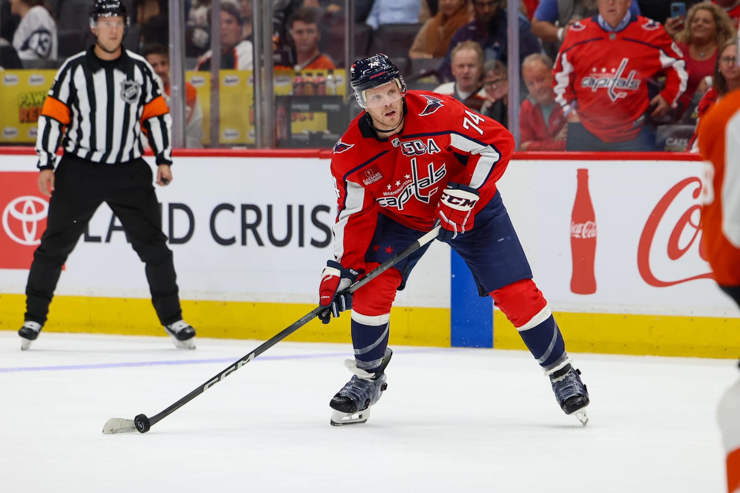 WASHINGTON, DC - OCTOBER 23: John Carlson #74 of the Washington Capitals looks for a shooting lane during a game against the Philadelphia Flyers at Capital One Arena on October 23, 2024 in Washington, D.C. (Photo by John McCreary/NHLI via Getty Images) WASHINGTON, DC - OCTOBER 23: John Carlson #74 of the Washington Capitals looks for a shooting lane during a game against the Philadelphia Flyers at Capital One Arena on October 23, 2024 in Washington, D.C. (Photo by John McCreary/NHLI via Getty Images)
