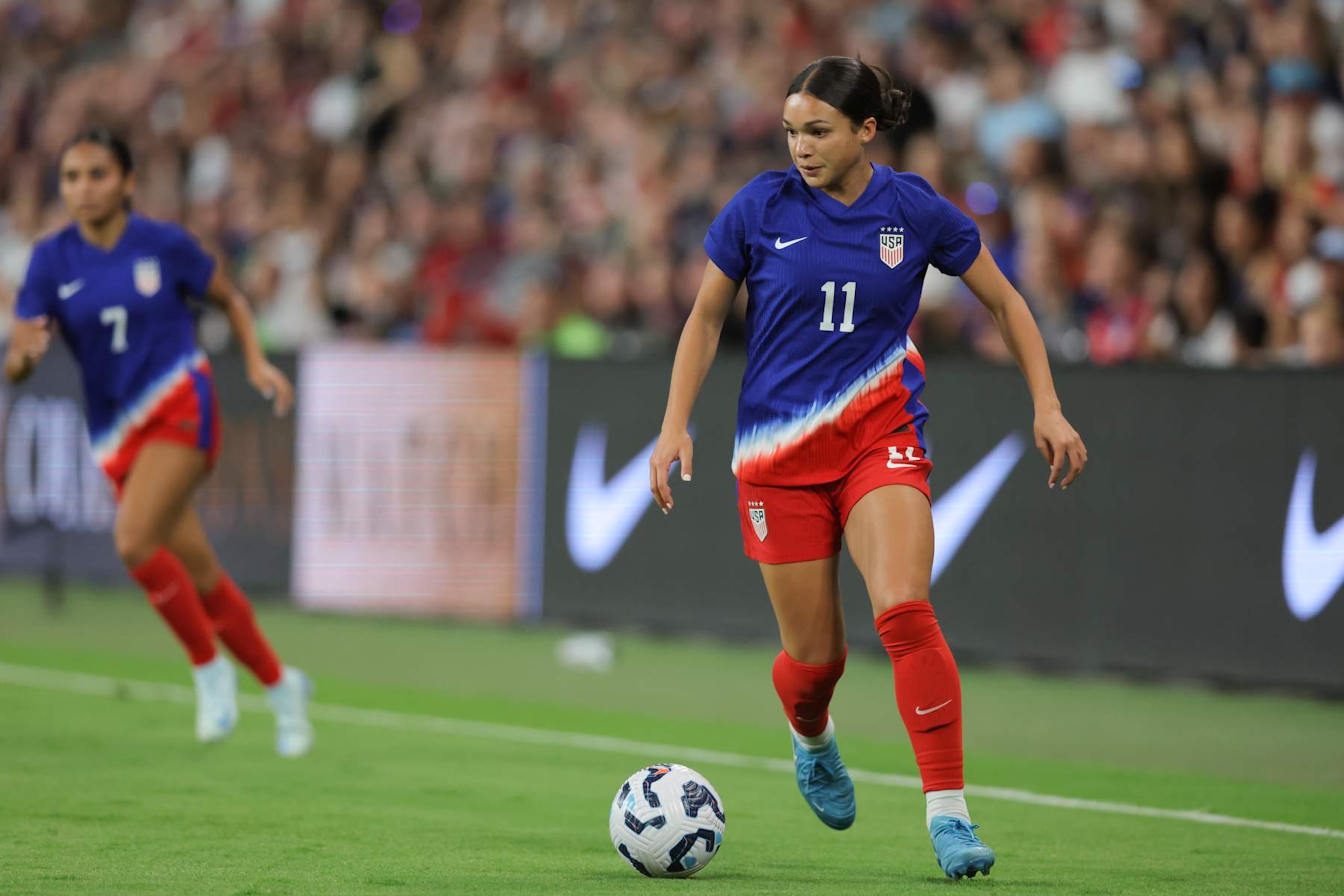 AUSTIN, TEXAS - OCTOBER 24: Sophia Smith #11 of the United States on the ball during the second half against Iceland at Q2 Stadium on October 24, 2024 in Austin, Texas. (Photo by Stephen Spillman/ISI Photos/USSF/Getty Images for USSF)