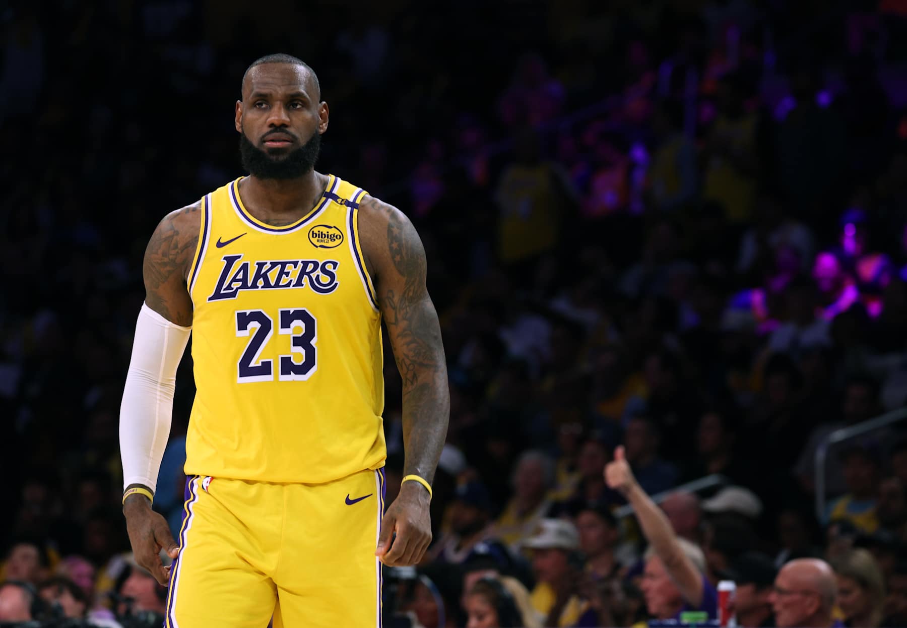 LOS ANGELES, CALIFORNIA - OCTOBER 22: LeBron James #23 of the Los Angeles Lakers during a 110-103 Lakers win over the Minnesota Timberwolves in the season home opener at Crypto.com Arena on October 22, 2024 in Los Angeles, California.  (Photo by Harry How/Getty Images). NOTE TO USER: User expressly acknowledges and agrees that, by downloading and/or using this Photograph, user is consenting to the terms and conditions of the Getty Images License Agreement.  (Photo by Harry How/Getty Images)