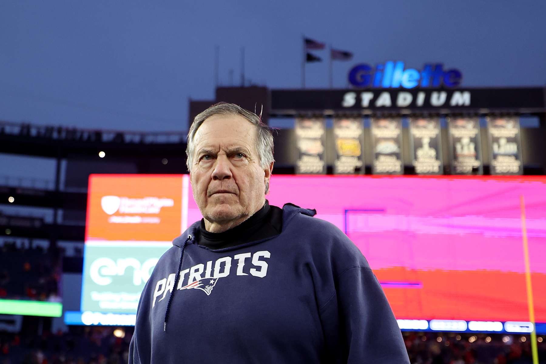 FOXBOROUGH, MASSACHUSETTS - DECEMBER 17: Head coach Bill Belichick of the New England Patriots looks on after his team's 27-17 loss against the Kansas City Chiefs at Gillette Stadium on December 17, 2023 in Foxborough, Massachusetts. (Photo by Maddie Meyer/Getty Images)