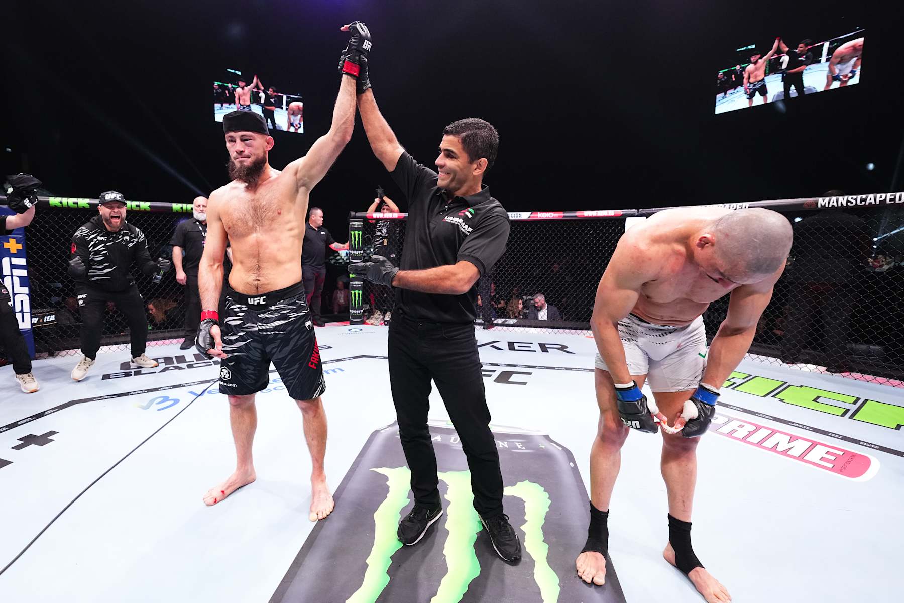 ABU DHABI, UNITED ARAB EMIRATES - OCTOBER 26: Rinat Fakhretdinov of Russia reacts after a victory against Carlos Leal of Brazil in a welterweight fight during the UFC 308 event at Etihad Arena on October 26, 2024 in Abu Dhabi, United Arab Emirates.  (Photo by Chris Unger/Zuffa LLC)