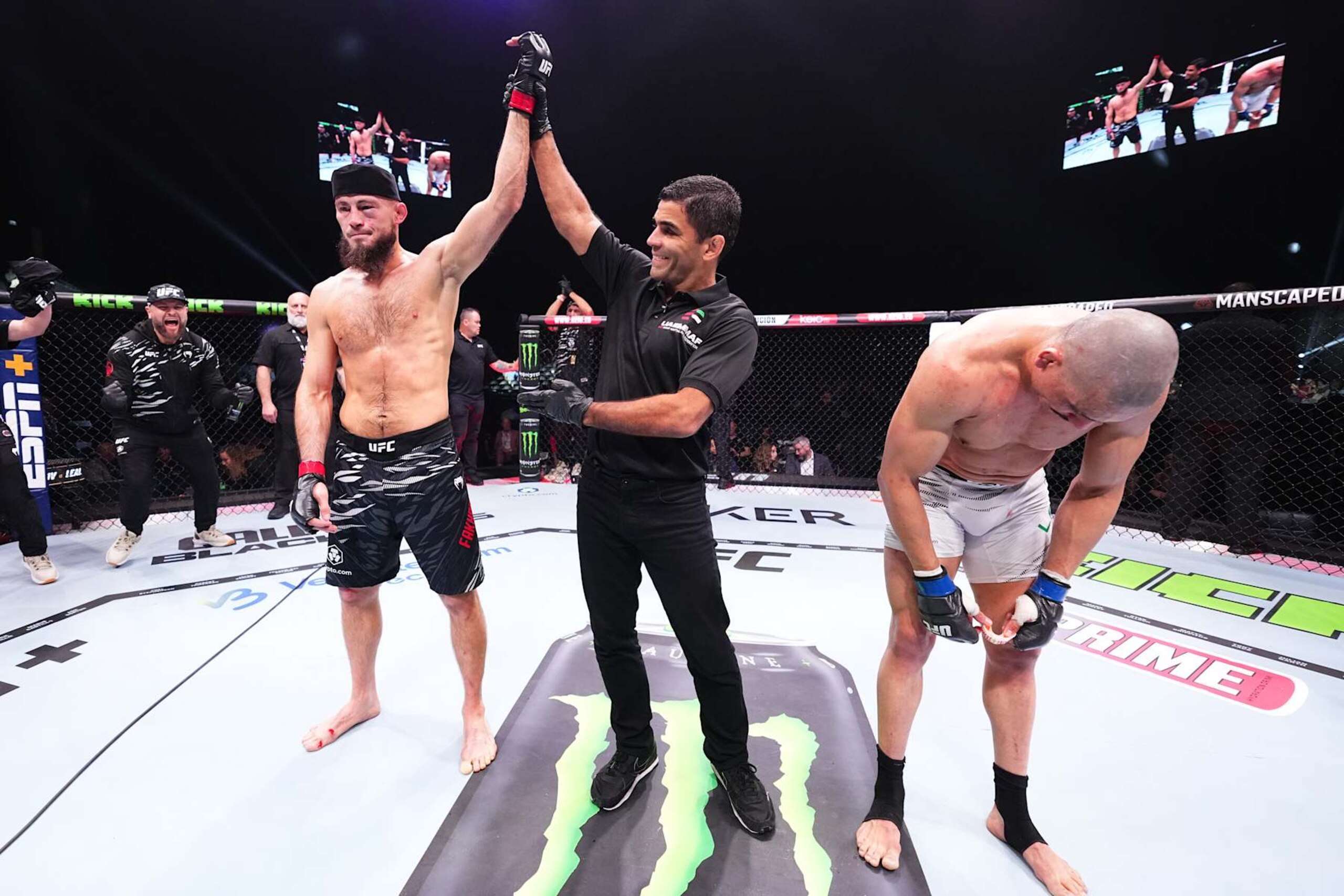 ABU DHABI, UNITED ARAB EMIRATES - OCTOBER 26: Rinat Fakhretdinov of Russia reacts after a victory against Carlos Leal of Brazil in a welterweight fight during the UFC 308 event at Etihad Arena on October 26, 2024 in Abu Dhabi, United Arab Emirates.  (Photo by Chris Unger/Zuffa LLC)