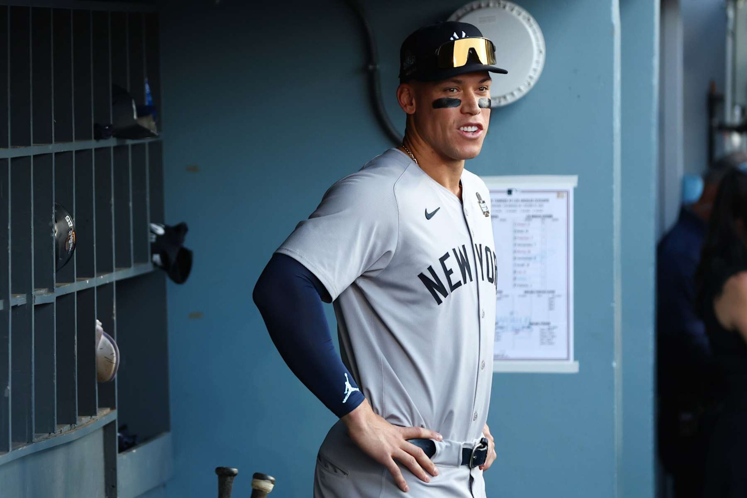LOS ANGELES, CALIFORNIA - OCTOBER 25: Aaron Judge #99 of the New York Yankees looks on from the dugout ahead of Game One of the 2024 World Series at Dodger Stadium on October 25, 2024 in Los Angeles, California. (Photo by Maddie Meyer/Getty Images)
