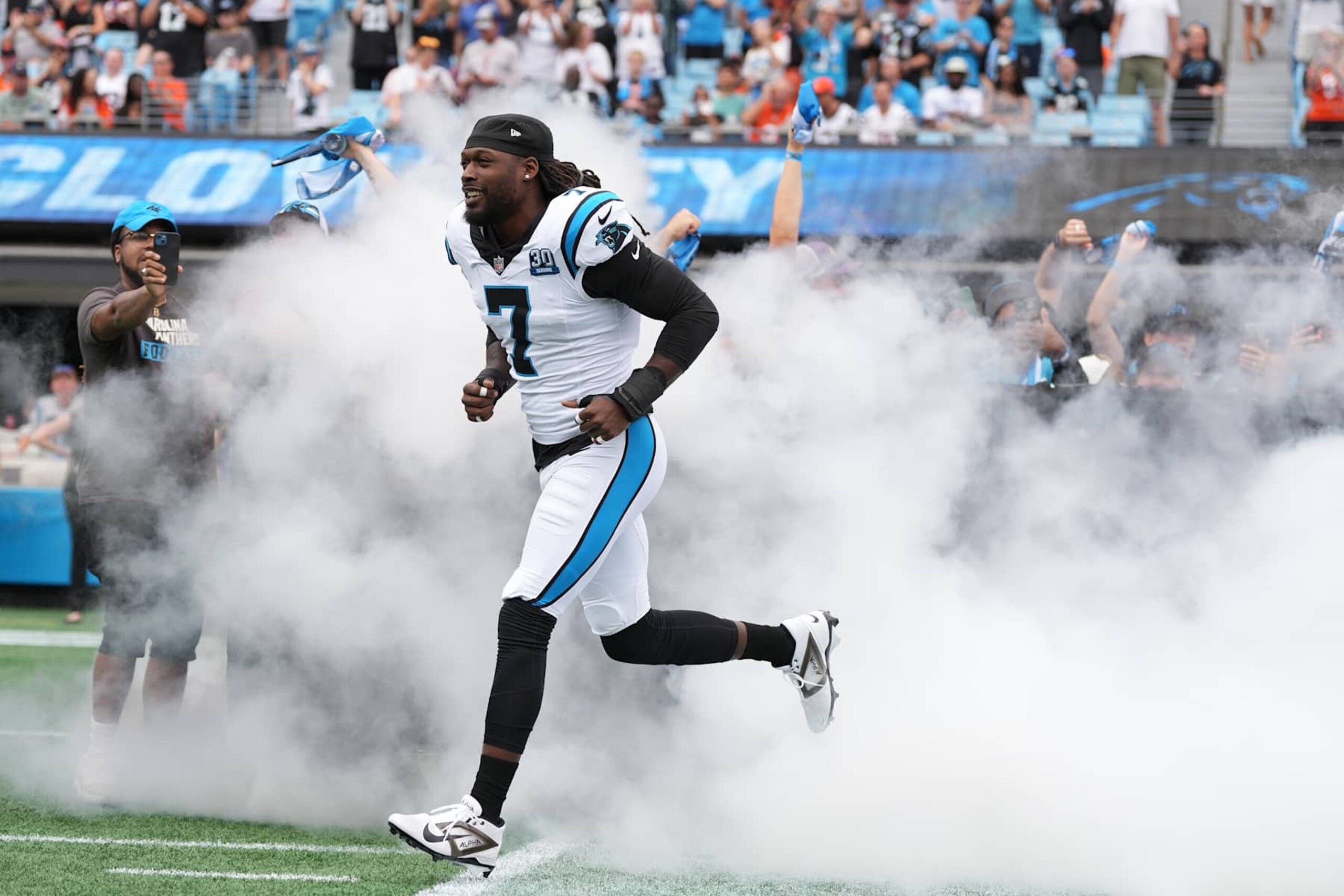 CHARLOTTE, NORTH CAROLINA - SEPTEMBER 29: Jadeveon Clowney #7 of the Carolina Panthers is introduced during the game against the Cincinnati Bengals at Bank of America Stadium on September 29, 2024 in Charlotte, North Carolina. (Photo by Grant Halverson/Getty Images)