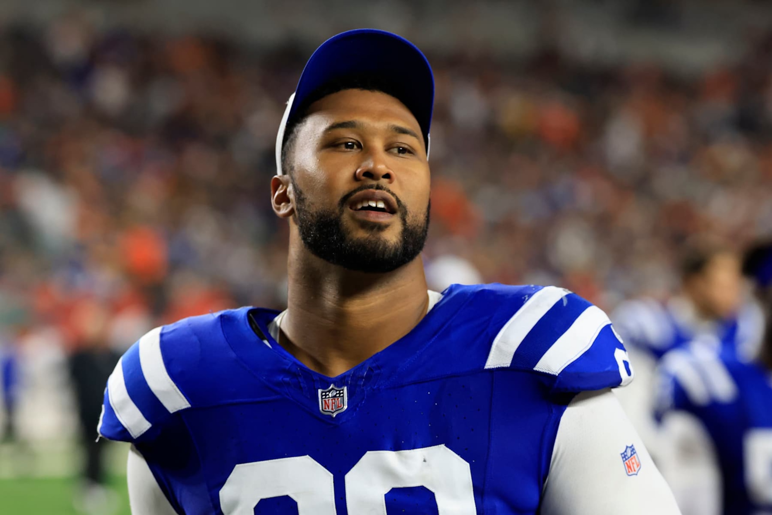 CINCINNATI, OHIO - AUGUST 22: DeForest Buckner #99 of the Indianapolis Colts walks off the field at halftime in the preseason game against the Cincinnati Bengals in the preseason game at Paycor Stadium on August 22, 2024 in Cincinnati, Ohio. (Photo by Justin Casterline/Getty Images)