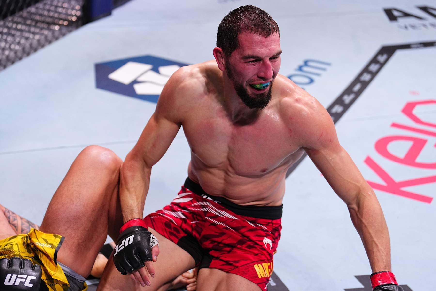 ABU DHABI, UNITED ARAB EMIRATES - OCTOBER 26: Abus Magomedov of Russia reacts after a submission victory against Brunno Ferreira of Brazil in a middleweight fight during the UFC 308 event at Etihad Arena on October 26, 2024 in Abu Dhabi, United Arab Emirates.  (Photo by Chris Unger/Zuffa LLC)