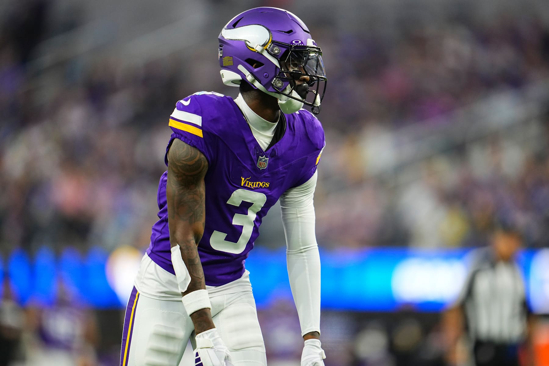 INGLEWOOD, CA - OCTOBER 24: Jordan Addison #3 of the Minnesota Vikings lines up before the snap during an NFL football game against the Los Angeles Rams at SoFi Stadium on October 24, 2024 in Inglewood, California. (Photo by Cooper Neill/Getty Images)