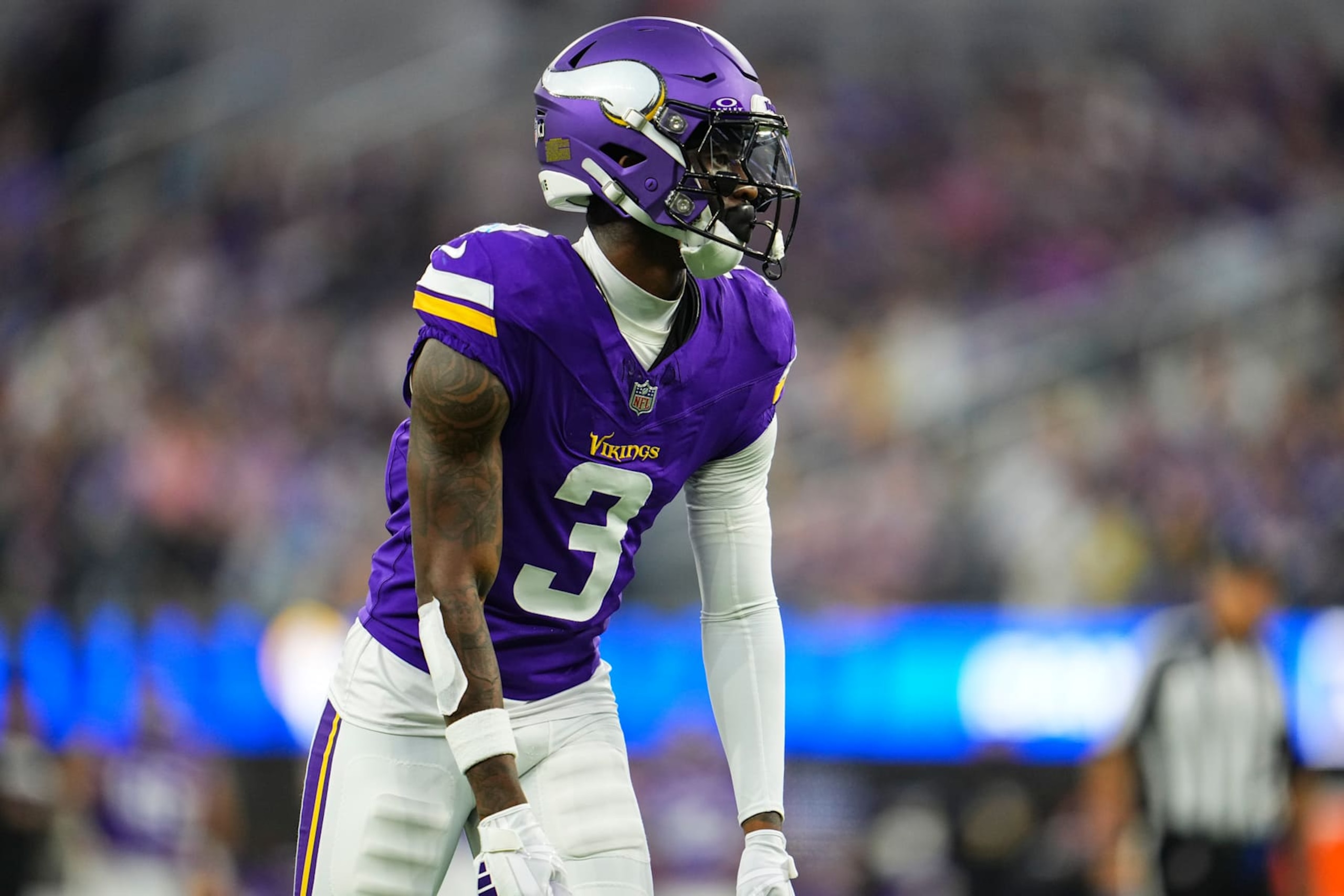 INGLEWOOD, CA - OCTOBER 24: Jordan Addison #3 of the Minnesota Vikings lines up before the snap during an NFL football game against the Los Angeles Rams at SoFi Stadium on October 24, 2024 in Inglewood, California. (Photo by Cooper Neill/Getty Images)