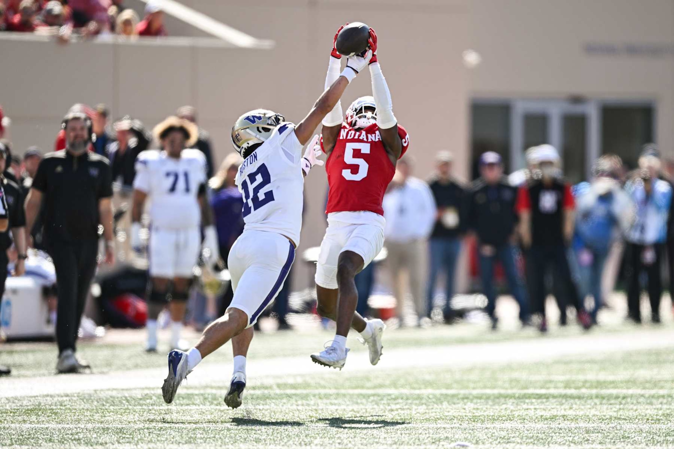 BLOOMINGTON, IN - OCTOBER 26: Indiana Hoosiers DB D'Angelo Ponds (5) intercepts a pass during a college football game between the Washington Huskies and Indiana Hoosiers on October 26, 2024 at Memorial Stadium in Bloomington, IN (Photo by James Black/Icon Sportswire via Getty Images)