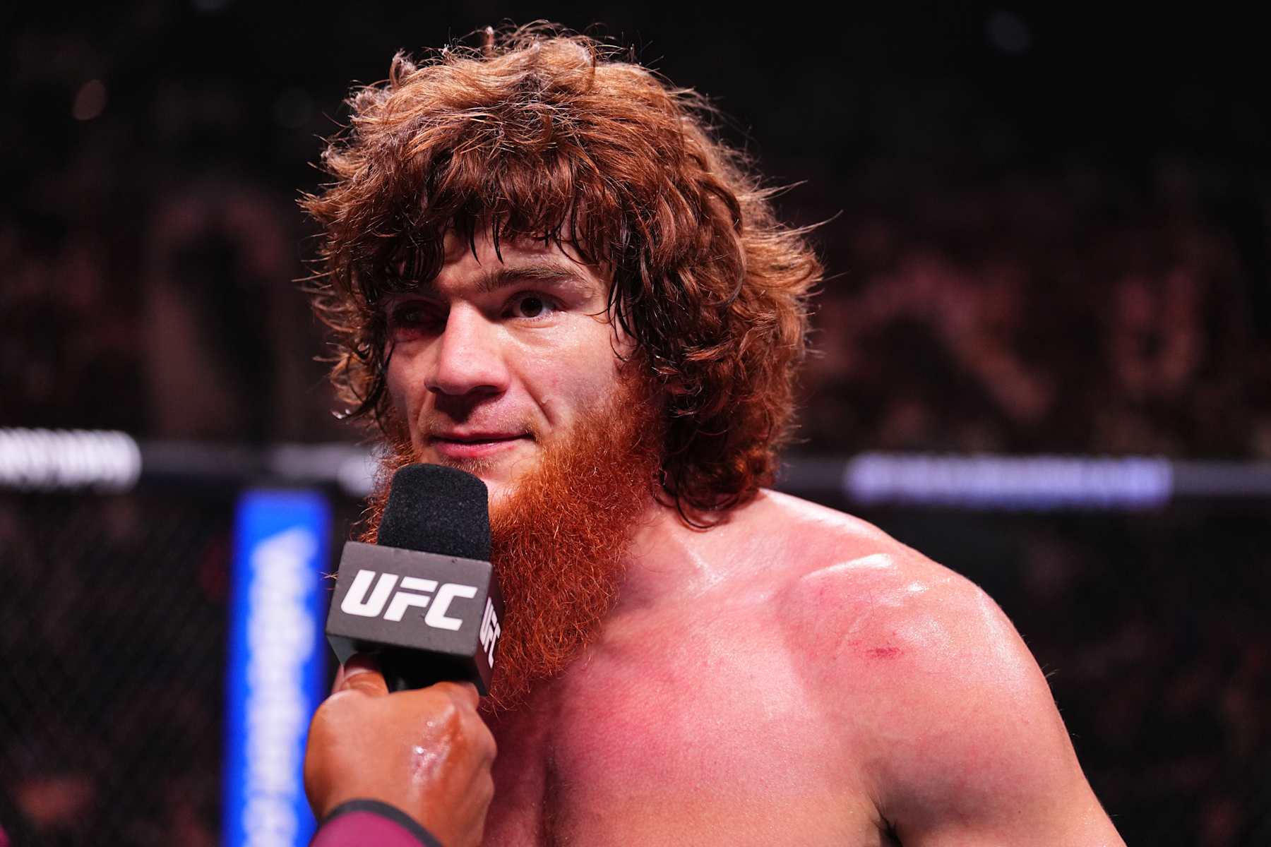 ABU DHABI, UNITED ARAB EMIRATES - OCTOBER 26: Shara Magomedov of Russia reacts after a knockout victory against Armen Petrosyan of Russia in a middleweight fight during the UFC 308 event at Etihad Arena on October 26, 2024 in Abu Dhabi, United Arab Emirates.  (Photo by Chris Unger/Zuffa LLC)