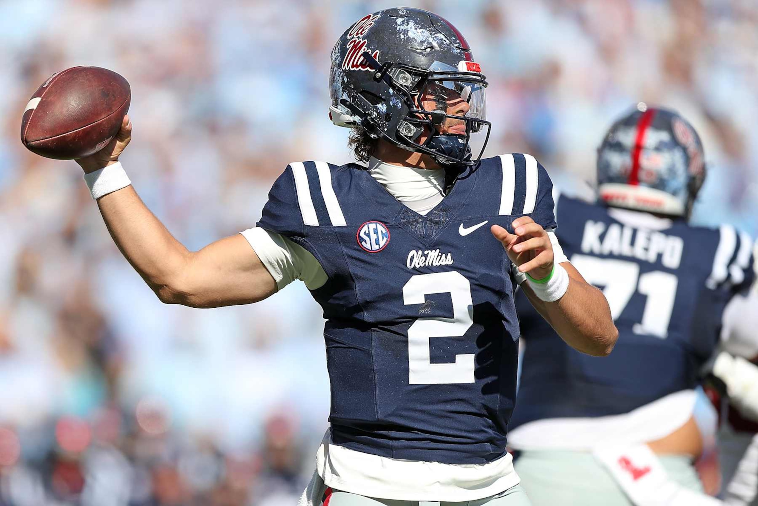 OXFORD, MISSISSIPPI - OCTOBER 26: Jaxson Dart #2 of the Mississippi Rebels looks to pass during the first half against the Oklahoma Sooners at Vaught-Hemingway Stadium on October 26, 2024 in Oxford, Mississippi. (Photo by Justin Ford/Getty Images)