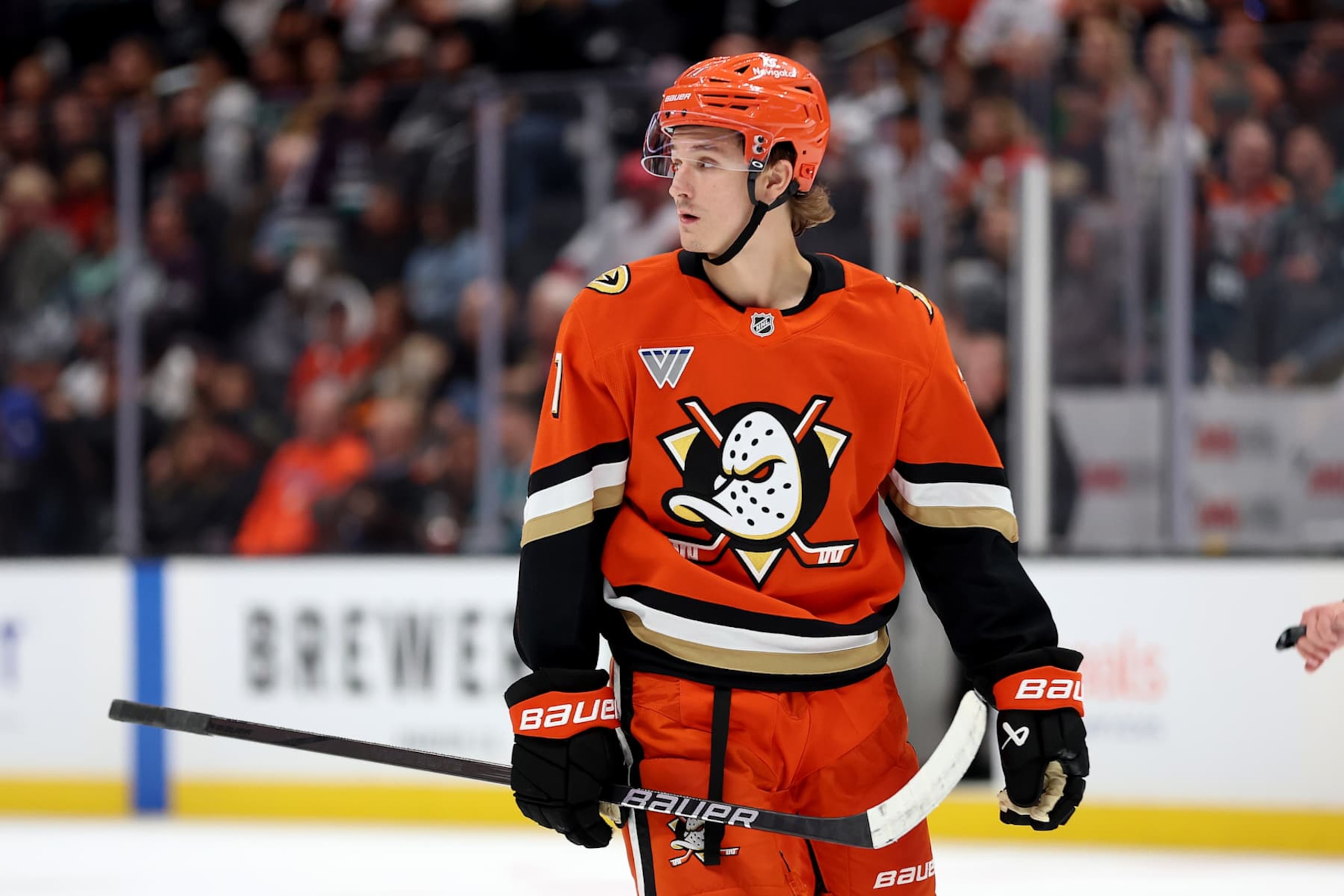 ANAHEIM, CALIFORNIA - OCTOBER 22: Trevor Zegras #11 of the Anaheim Ducks looks on during the second period of a game against the San Jose Sharks at Honda Center on October 22, 2024 in Anaheim, California. (Photo by Sean M. Haffey/Getty Images) ANAHEIM, CALIFORNIA - OCTOBER 22: Trevor Zegras #11 of the Anaheim Ducks looks on during the second period of a game against the San Jose Sharks at Honda Center on October 22, 2024 in Anaheim, California. (Photo by Sean M. Haffey/Getty Images)