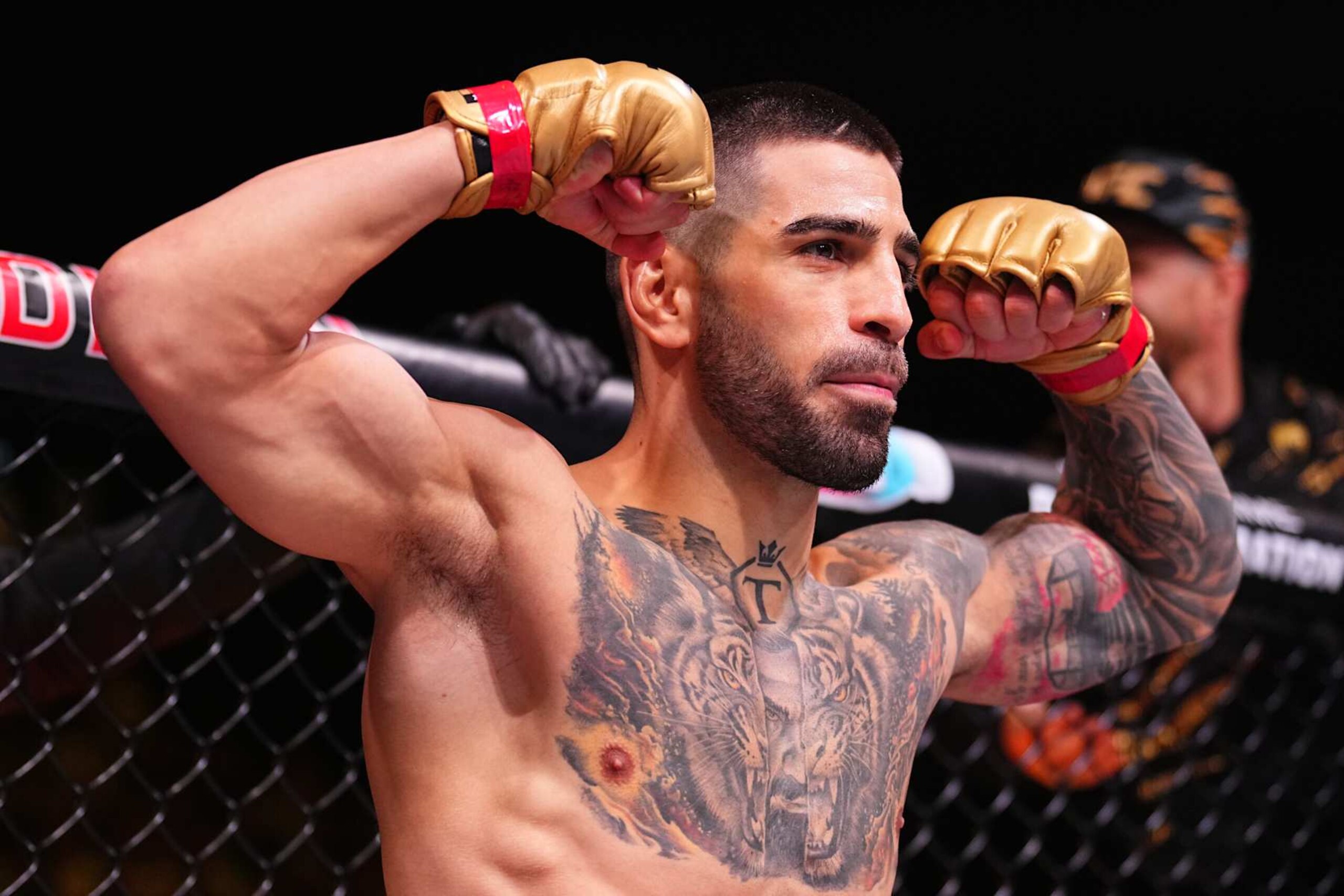 ABU DHABI, UNITED ARAB EMIRATES - OCTOBER 26:Ilia Topuria of Spain prepares to face Max Holloway in the UFC featherweight championship fight during the UFC 308 event at Etihad Arena on October 26, 2024 in Abu Dhabi, United Arab Emirates.  (Photo by Chris Unger/Zuffa LLC)