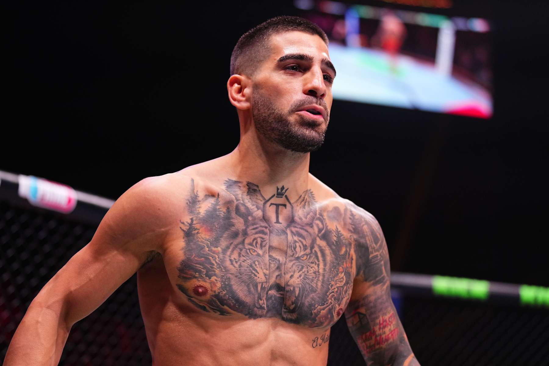 ABU DHABI, UNITED ARAB EMIRATES - OCTOBER 26:Ilia Topuria of Spain prepares to face Max Holloway in the UFC featherweight championship fight during the UFC 308 event at Etihad Arena on October 26, 2024 in Abu Dhabi, United Arab Emirates.  (Photo by Chris Unger/Zuffa LLC)
