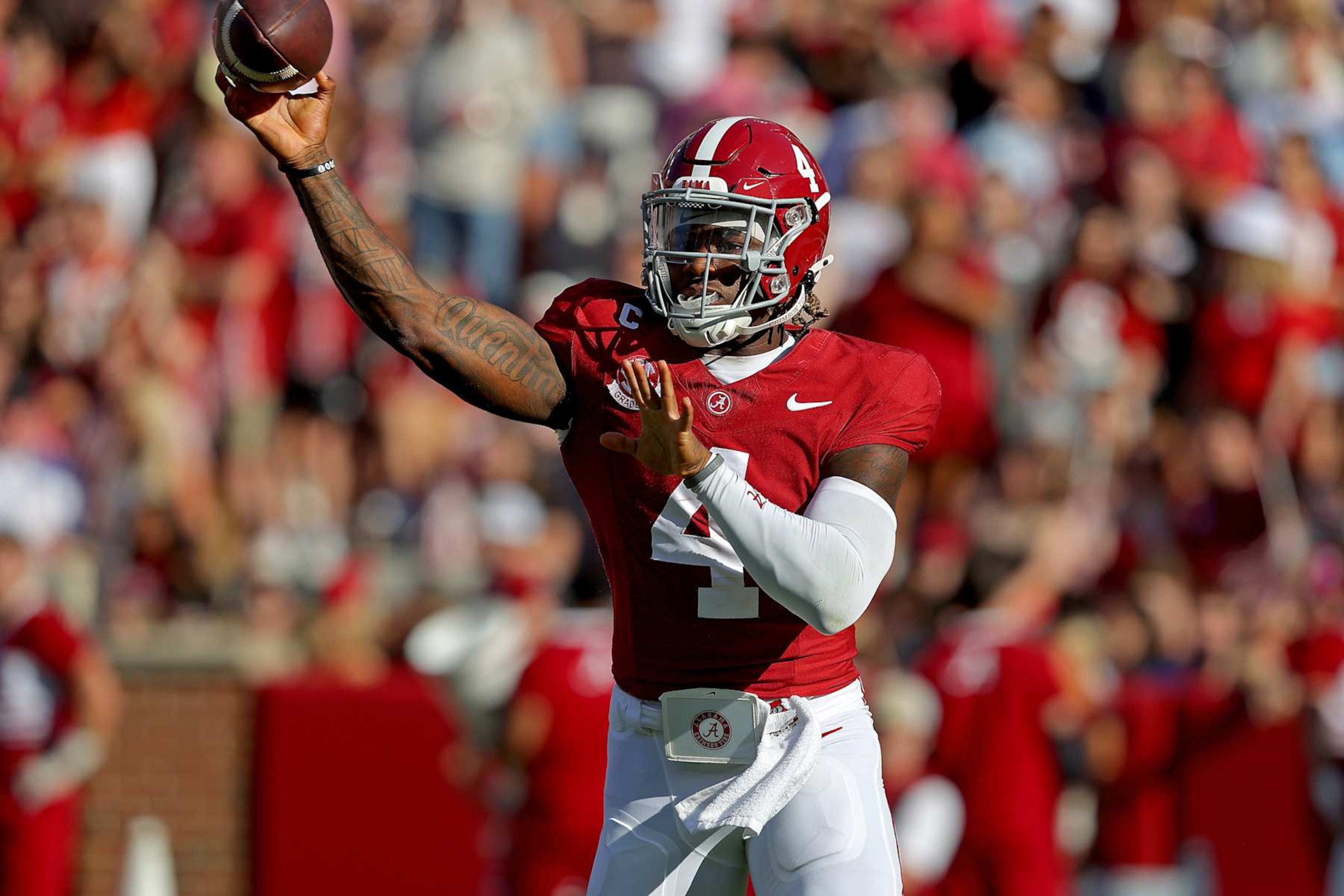 TUSCALOOSA, ALABAMA - OCTOBER 26: Jalen Milroe #4 of the Alabama Crimson Tide attempts a pass against the Missouri Tigers during the first half at Bryant-Denny Stadium on October 26, 2024 in Tuscaloosa, Alabama. (Photo by Jason Clark/Getty Images)