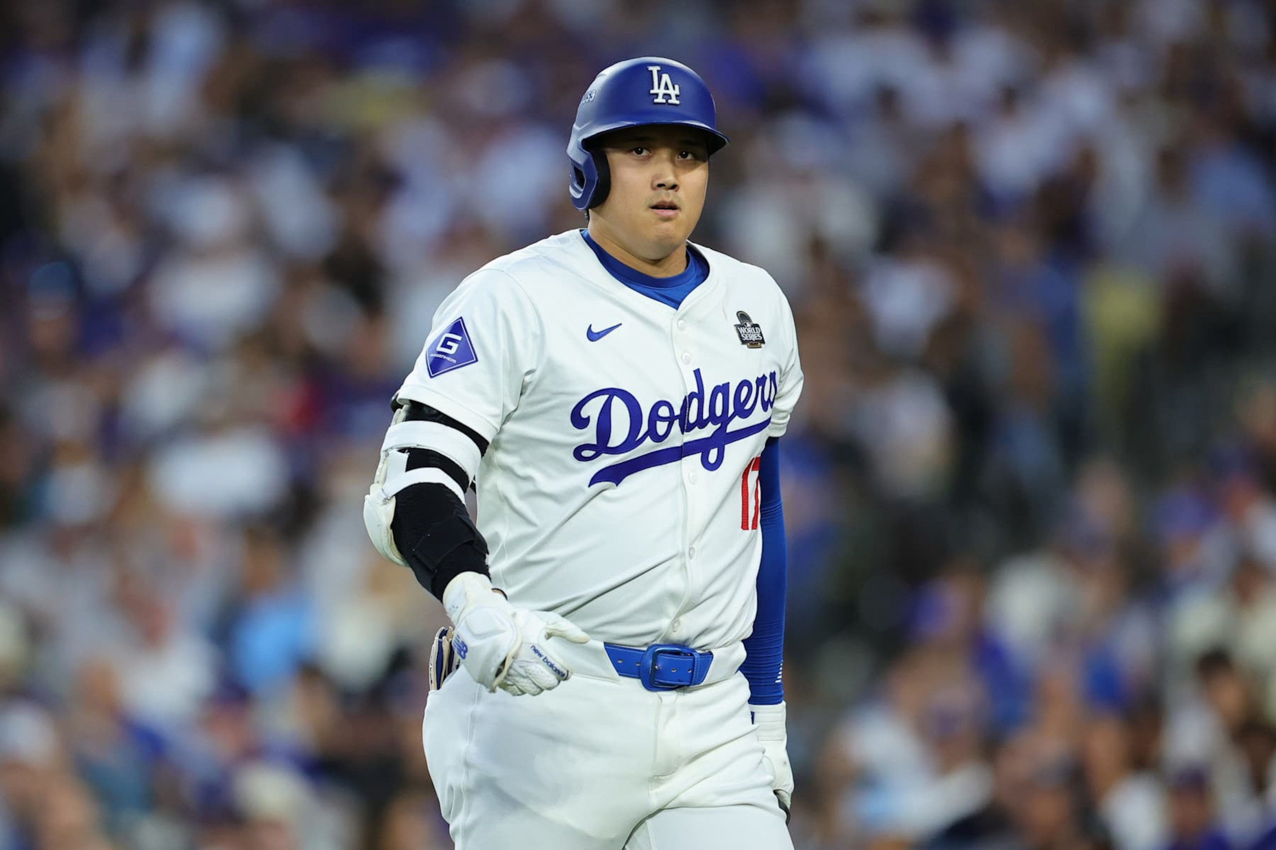 LOS ANGELES, CALIFORNIA - OCTOBER 26: Shohei Ohtani #17 of the Los Angeles Dodgers walks back to the dugout after striking out in the third inning against the New York Yankees during Game Two of the 2024 World Series at Dodger Stadium on October 26, 2024 in Los Angeles, California. (Photo by Alex Slitz/Getty Images) LOS ANGELES, CALIFORNIA - OCTOBER 26: Shohei Ohtani #17 of the Los Angeles Dodgers walks back to the dugout after striking out in the third inning against the New York Yankees during Game Two of the 2024 World Series at Dodger Stadium on October 26, 2024 in Los Angeles, California. (Photo by Alex Slitz/Getty Images)