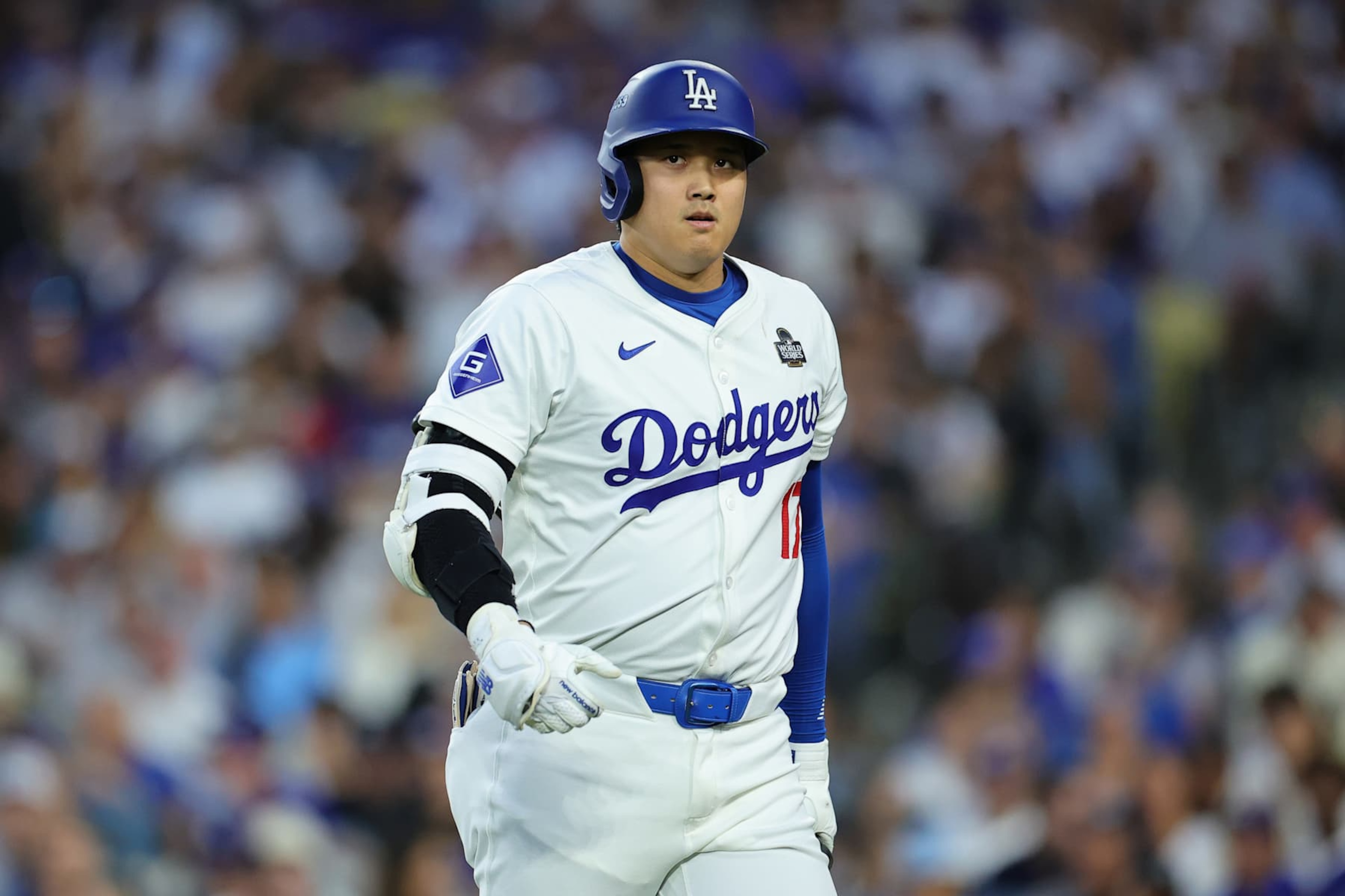 LOS ANGELES, CALIFORNIA - OCTOBER 26: Shohei Ohtani #17 of the Los Angeles Dodgers walks back to the dugout after striking out in the third inning against the New York Yankees during Game Two of the 2024 World Series at Dodger Stadium on October 26, 2024 in Los Angeles, California. (Photo by Alex Slitz/Getty Images)