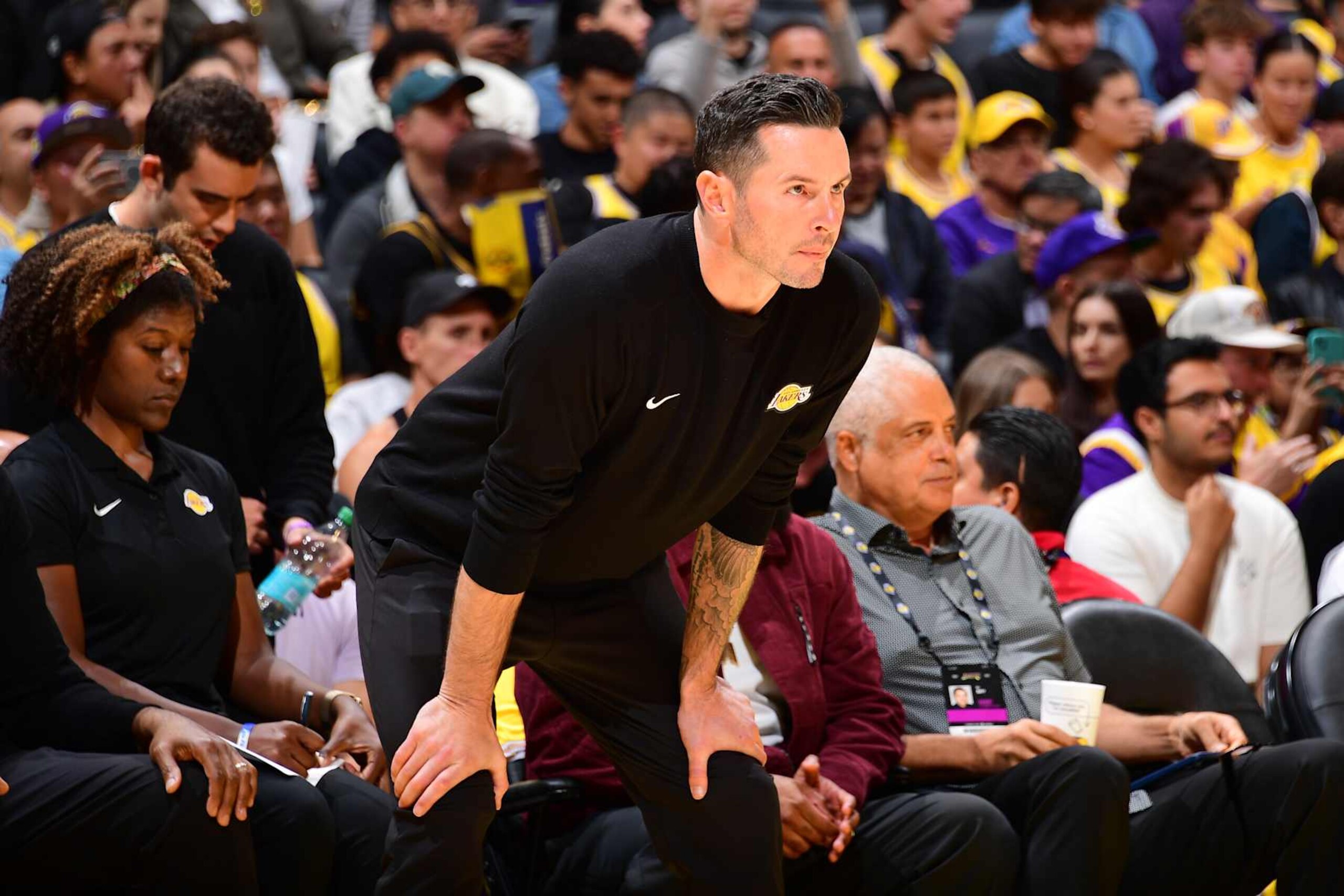 LOS ANGELES, CA - OCTOBER 22: Head Coach JJ Redick of the Los Angeles Lakers looks on during the game against the Minnesota Timberwolves on October 22, 2024 at Crypto.Com Arena in Los Angeles, California. NOTE TO USER: User expressly acknowledges and agrees that, by downloading and/or using this Photograph, user is consenting to the terms and conditions of the Getty Images License Agreement. Mandatory Copyright Notice: Copyright 2024 NBAE (Photo by Adam Pantozzi/NBAE via Getty Images) LOS ANGELES, CA - OCTOBER 22: Head Coach JJ Redick of the Los Angeles Lakers looks on during the game against the Minnesota Timberwolves on October 22, 2024 at Crypto.Com Arena in Los Angeles, California. NOTE TO USER: User expressly acknowledges and agrees that, by downloading and/or using this Photograph, user is consenting to the terms and conditions of the Getty Images License Agreement. Mandatory Copyright Notice: Copyright 2024 NBAE (Photo by Adam Pantozzi/NBAE via Getty Images)