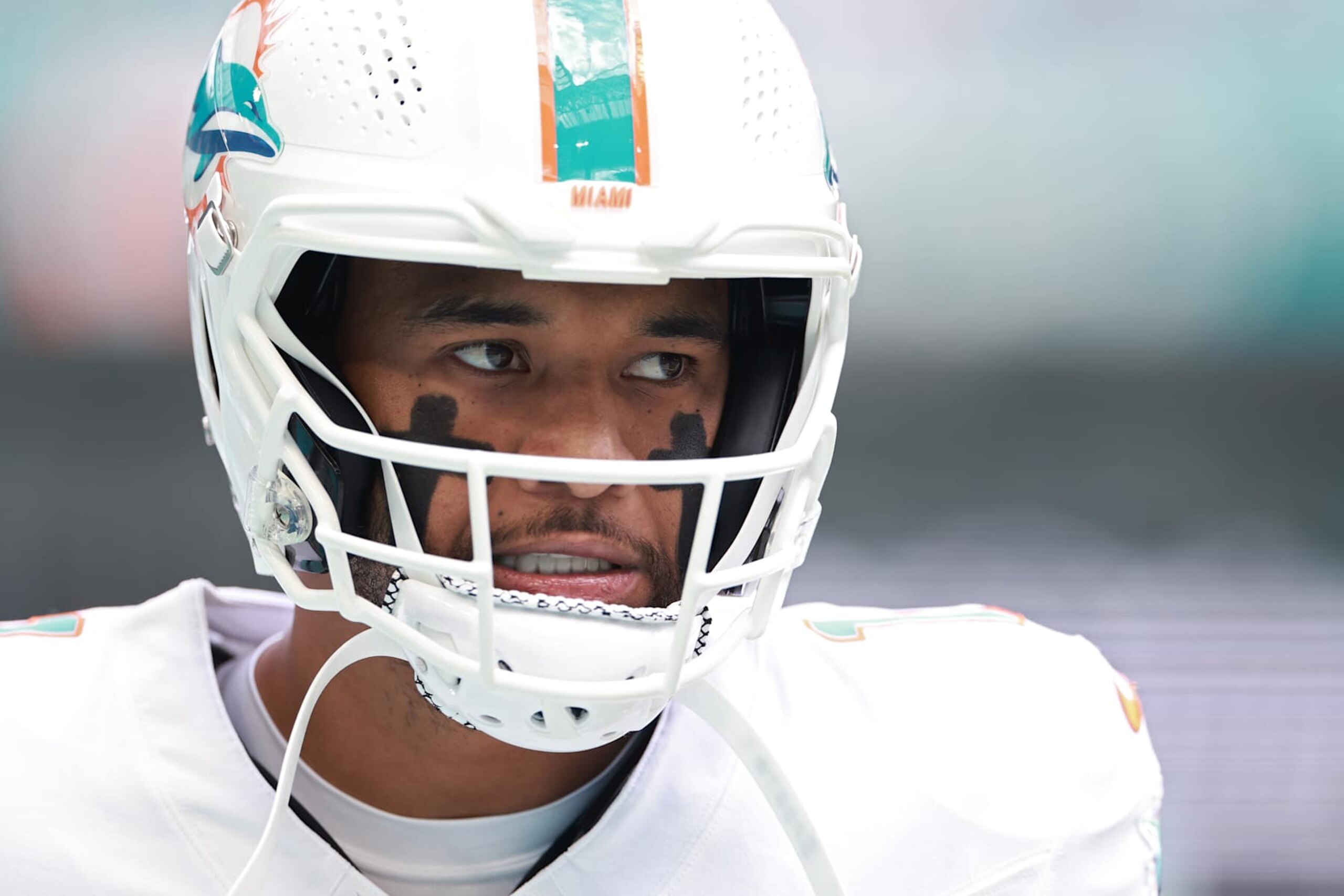 MIAMI GARDENS, FLORIDA - OCTOBER 27: Tua Tagovailoa #1 of the Miami Dolphins looks on prior to a game against the Arizona Cardinals at Hard Rock Stadium on October 27, 2024 in Miami Gardens, Florida. (Photo by Carmen Mandato/Getty Images)
