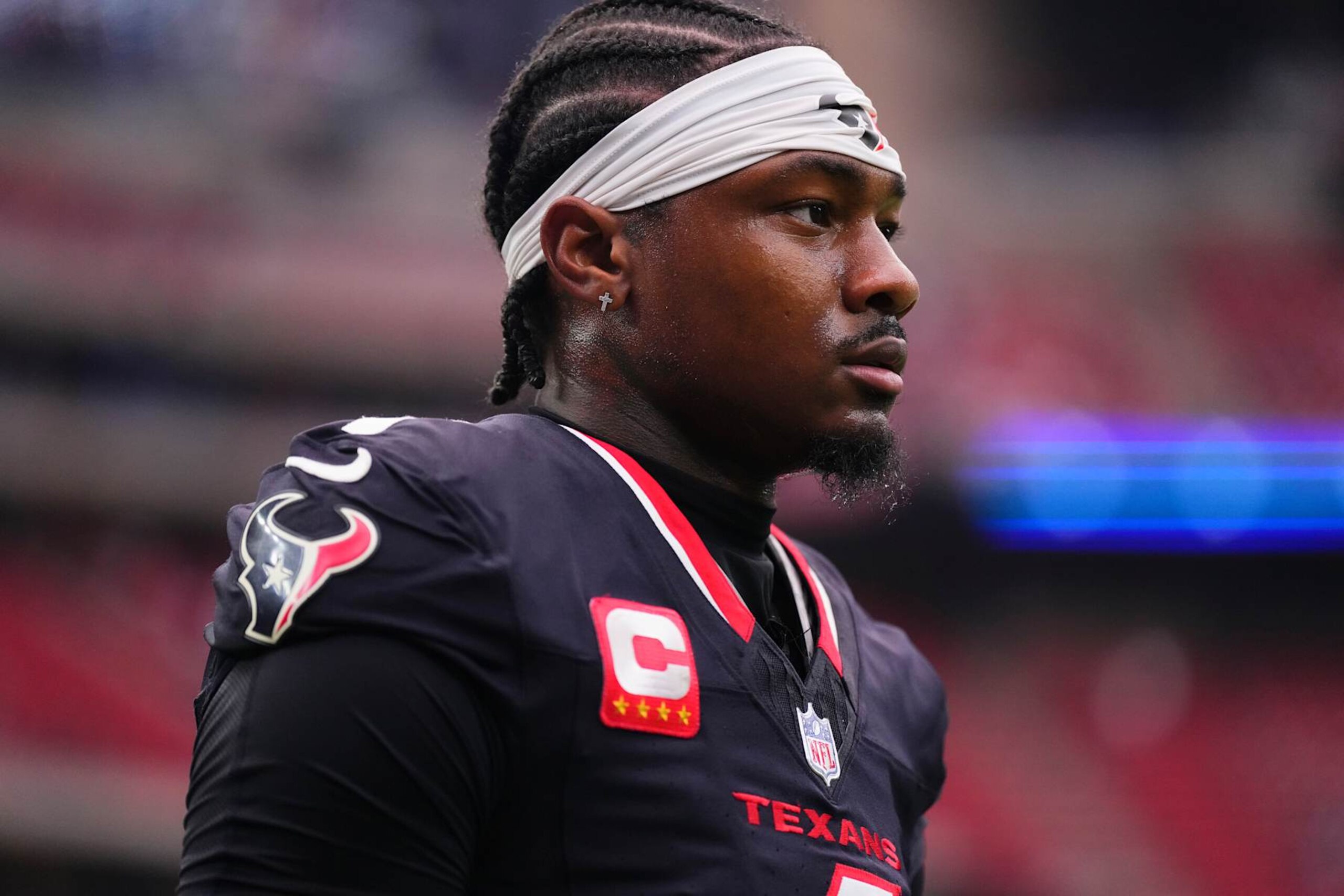 HOUSTON, TX - OCTOBER 27: Stefon Diggs #1 of the Houston Texans looks on before kickoff against the Indianapolis Colts during an NFL football game at NRG Stadium on October 27, 2024 in Houston, Texas. (Photo by Cooper Neill/Getty Images)