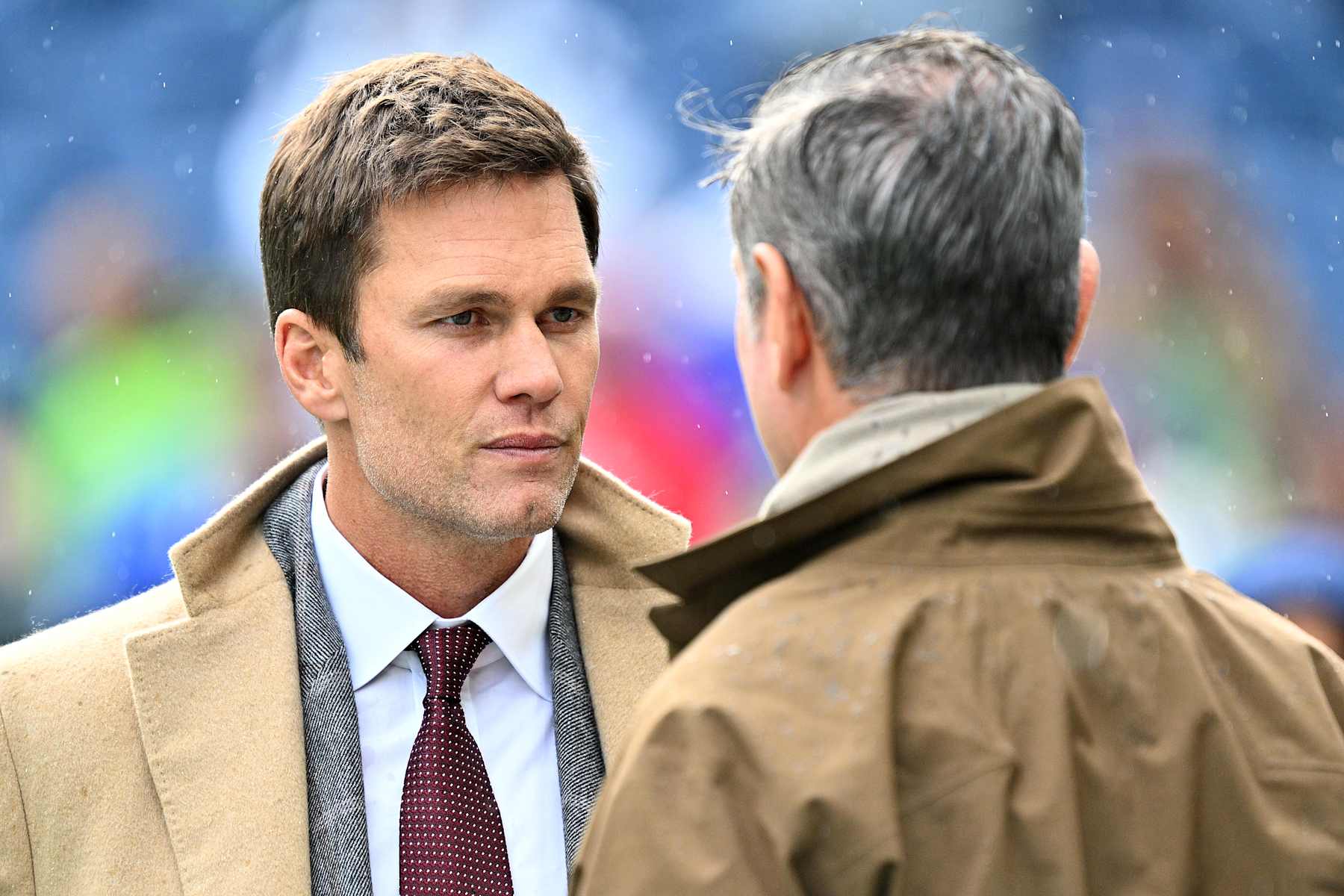 SEATTLE, WASHINGTON - OCTOBER 27: (L-R) Tom Brady talks with Drew Bledsoe on the field prior to a game between the Seattle Seahawks and the Buffalo Bills at Lumen Field on October 27, 2024 in Seattle, Washington. (Photo by Jane Gershovich/Getty Images)